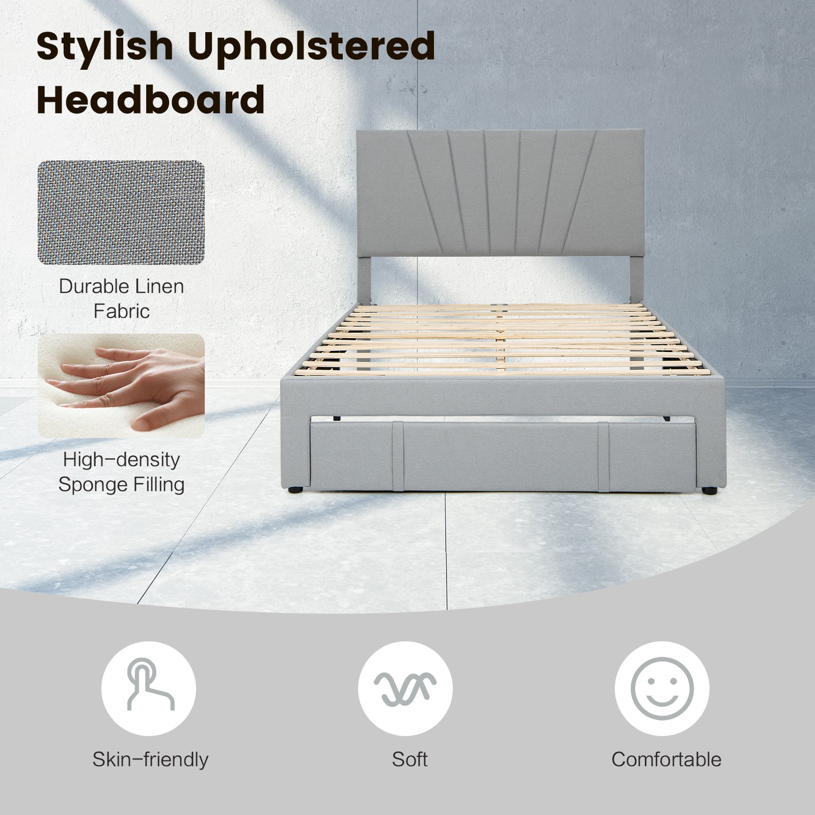 Full Upholstered Bed Frame Platform Bed w/ Drawer& Adjustable Headboard Grey