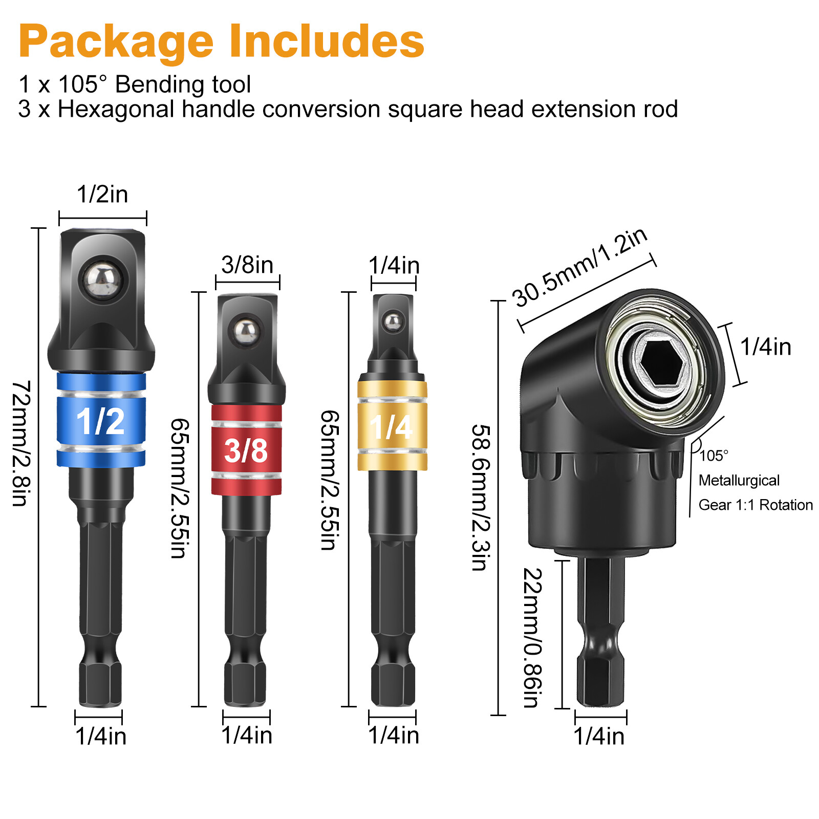 4Pcs 105°Right Angle Drill Attachment Impact Grade Socket Adapter 1/4" 3/8" 1/2"