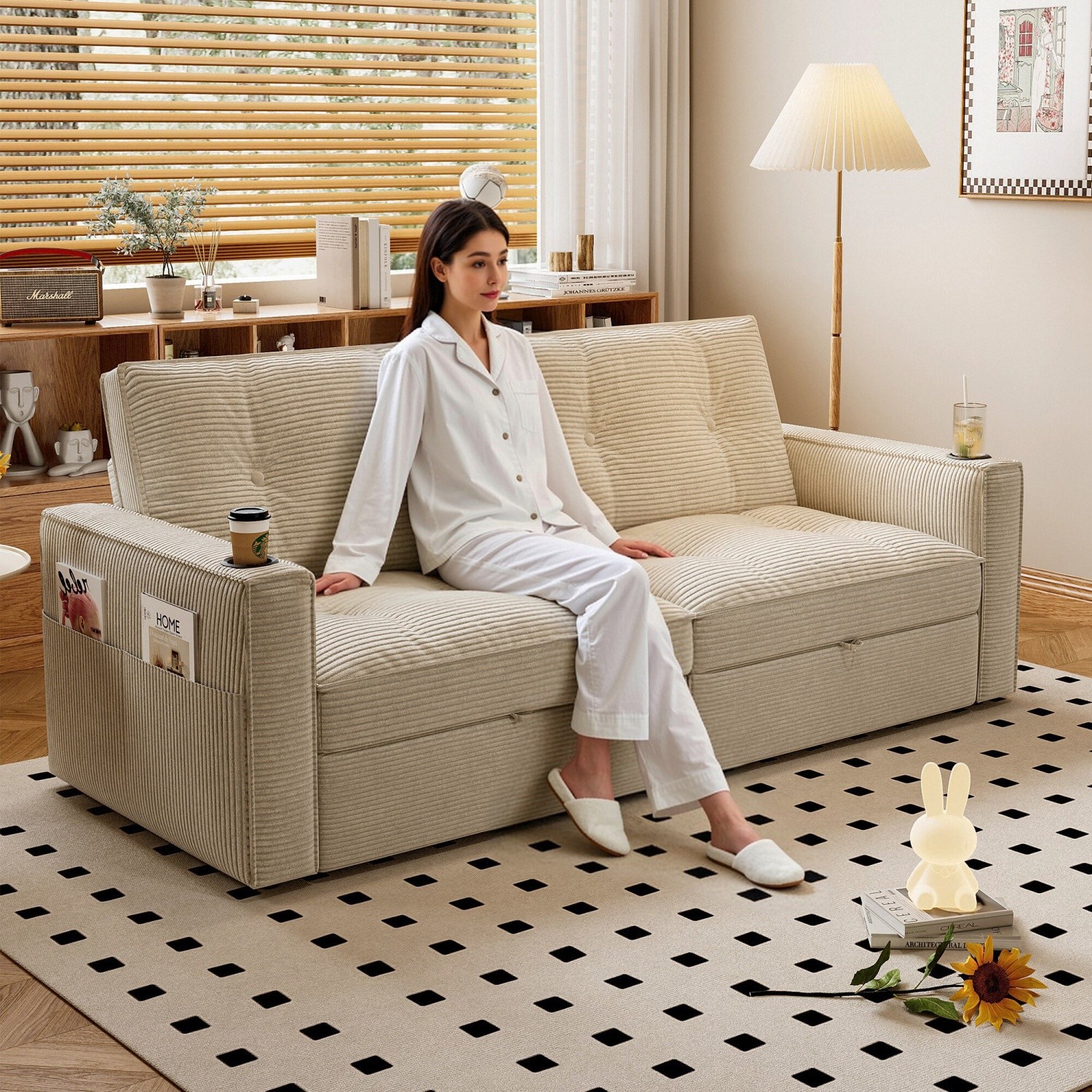 Modern Reclining Loveseat 2-in-1 Folding Sofa Bed w/ Cup Holders for Small Space