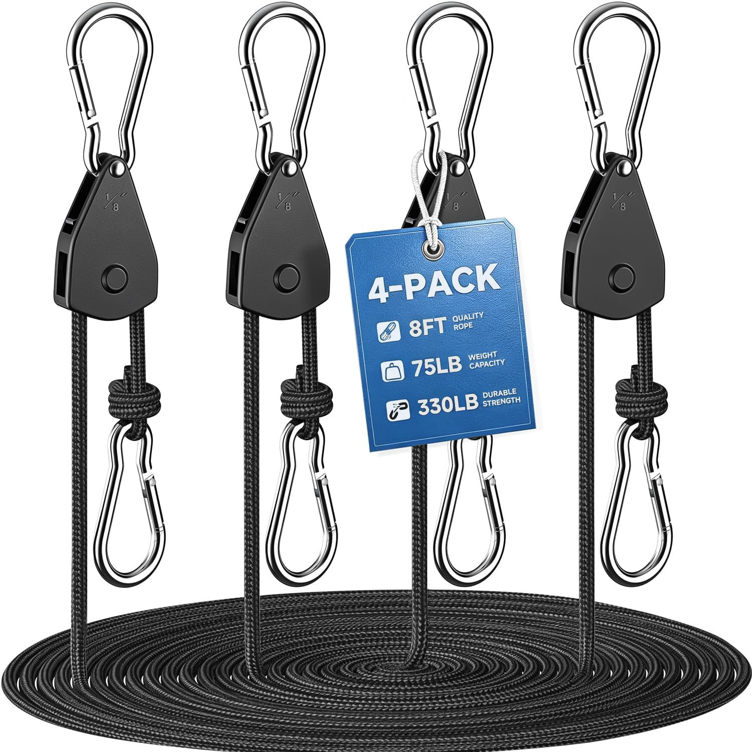 Fondwell 1/8" Rope Tie Downs Ratchet Straps Adjustable Grow Light Hangers | 4-Pa