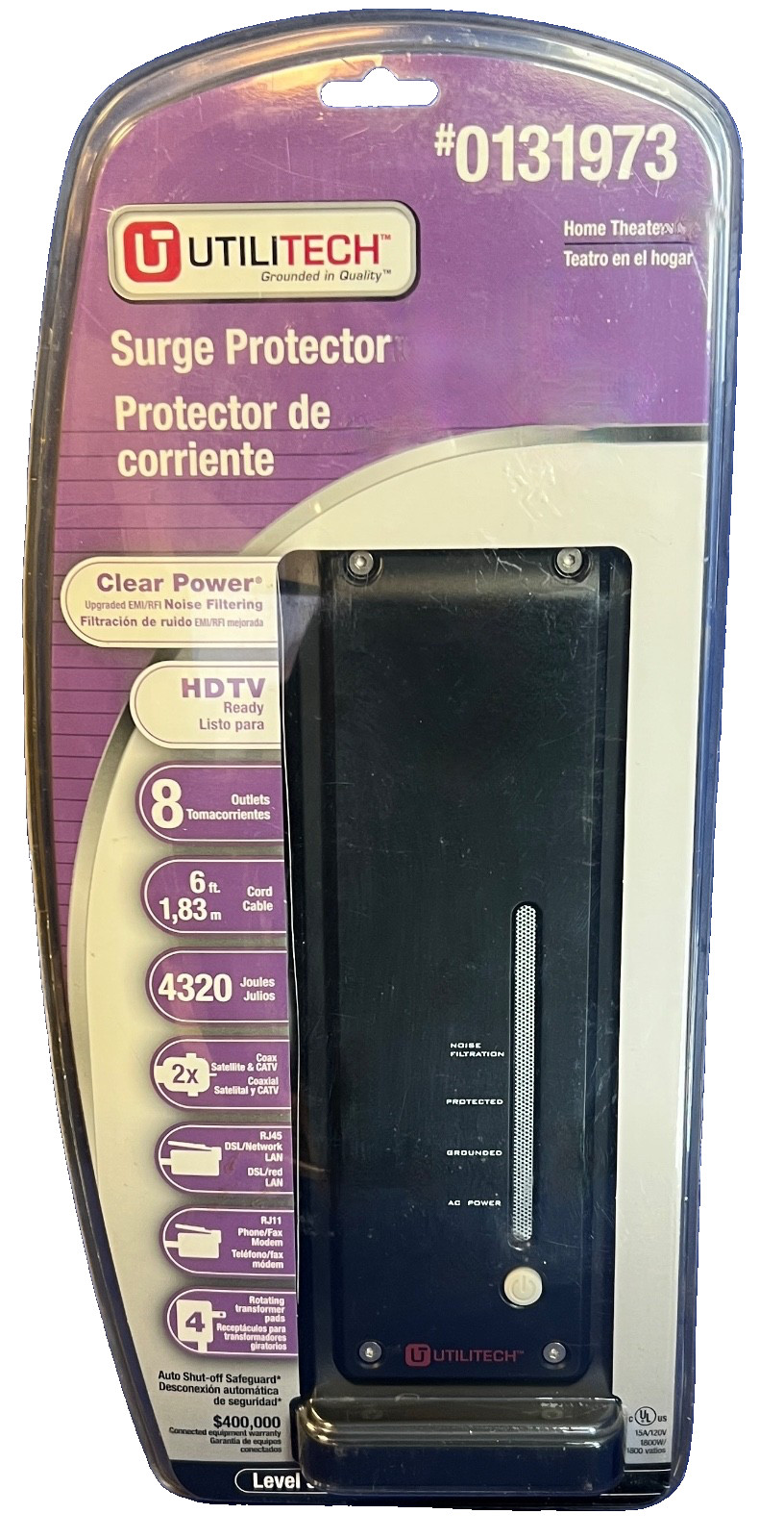 Utilitech 0131973-Home Audio SurgeProtector/Noise Filter-8 Outlets-15A-4320j-NEW
