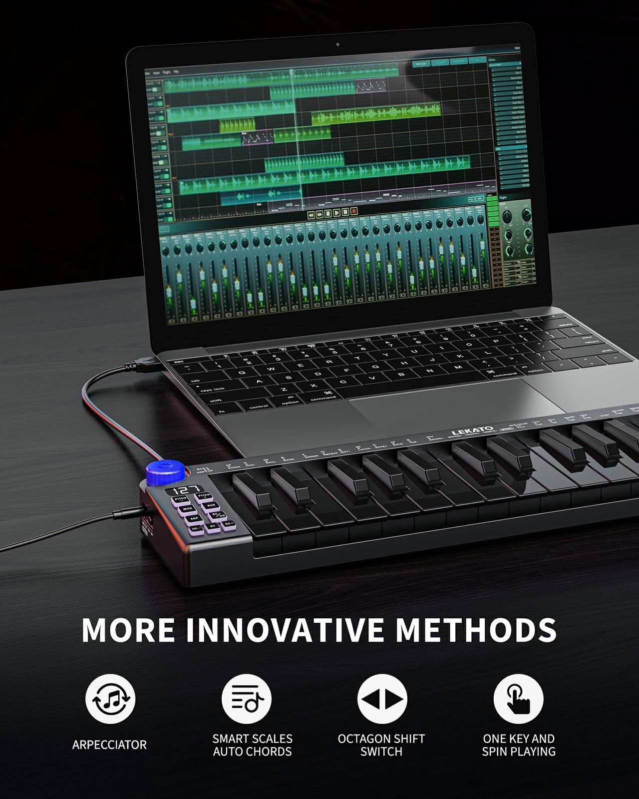 LEKATO 25 Key MIDI Controller Bluetooth MIDI Keyboard 360 Knob Rechargeable