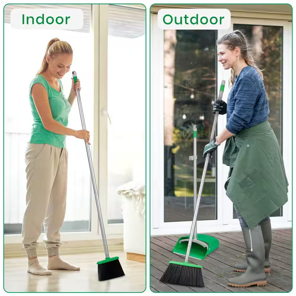 Green Upright Broom and Dustpan Set