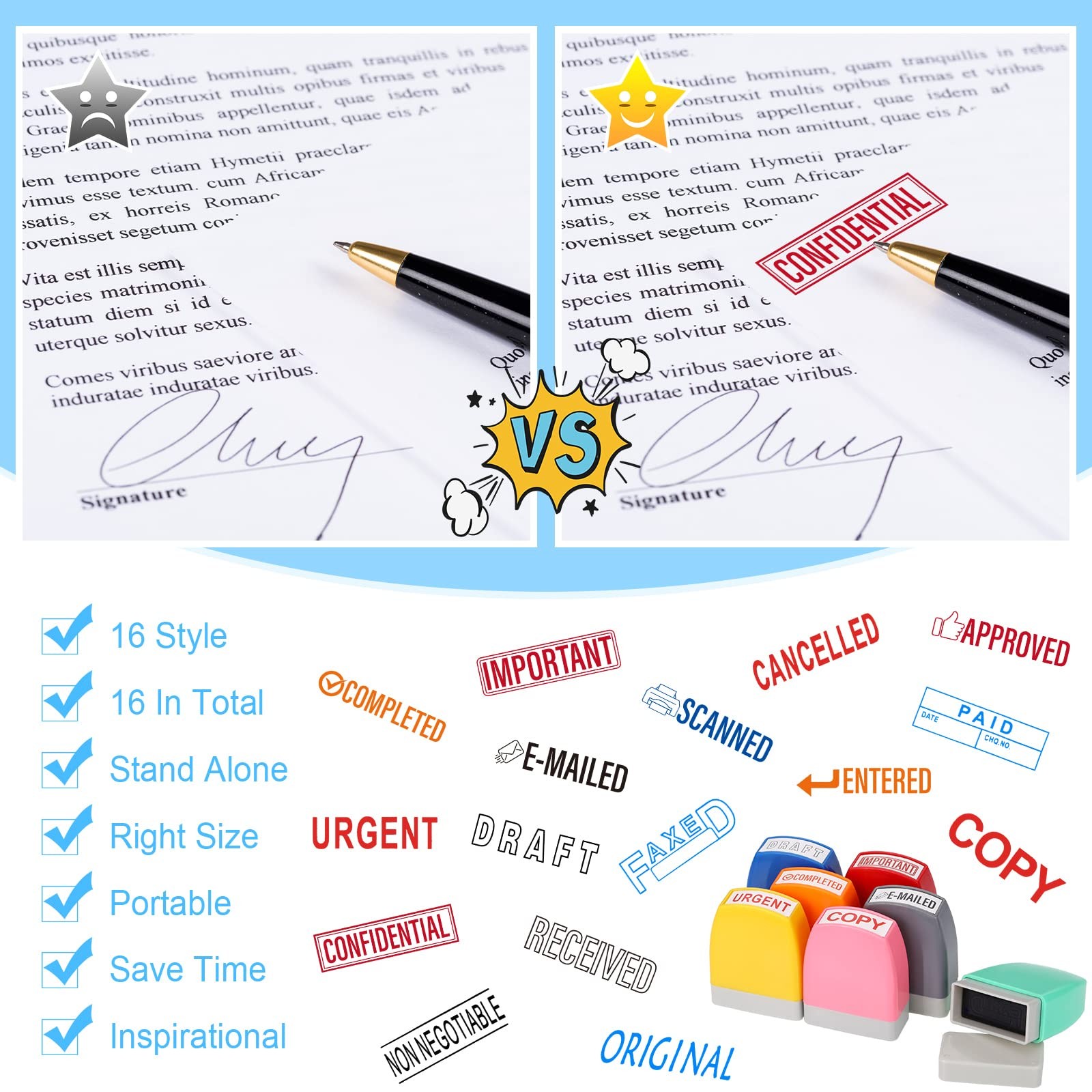 16 Pcs Office Stamp Set Message Self Inking Rubber Stamp Set for Office Stamp...