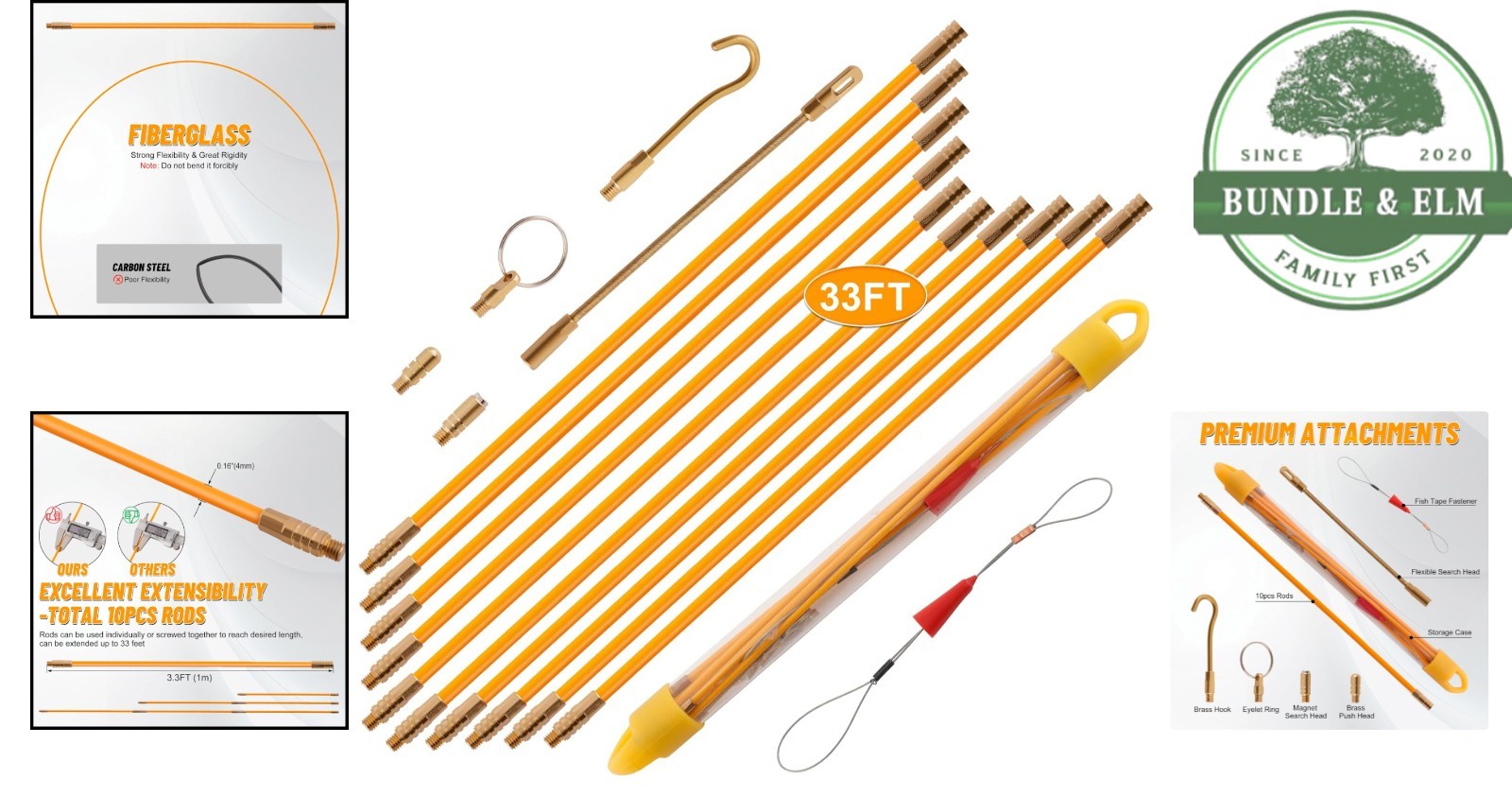 33FT Wire Puller Rods with Durable Fiberglass Material and Multiple Attachments