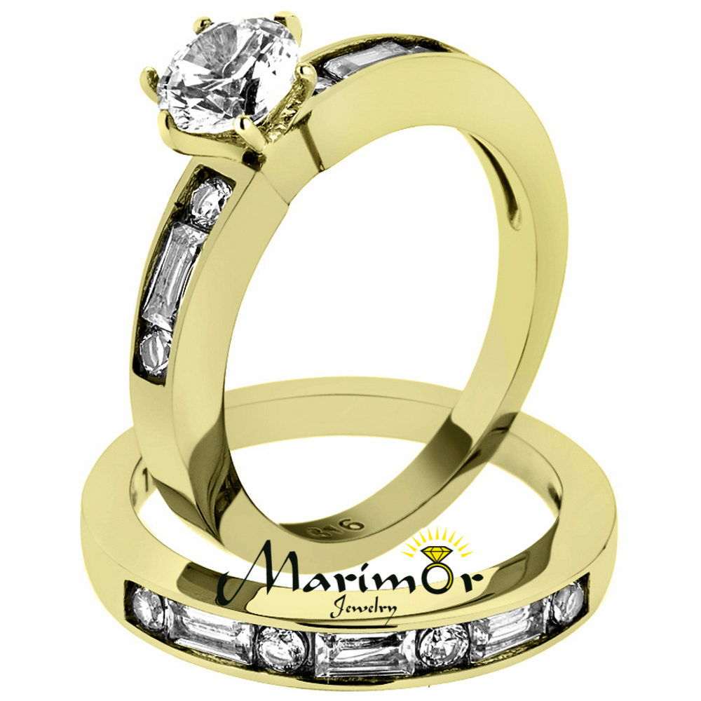 1.7Ct Round & Baguettes Cubic Zirconia Stainless Steel Wedding Ring Set Sz 5-10