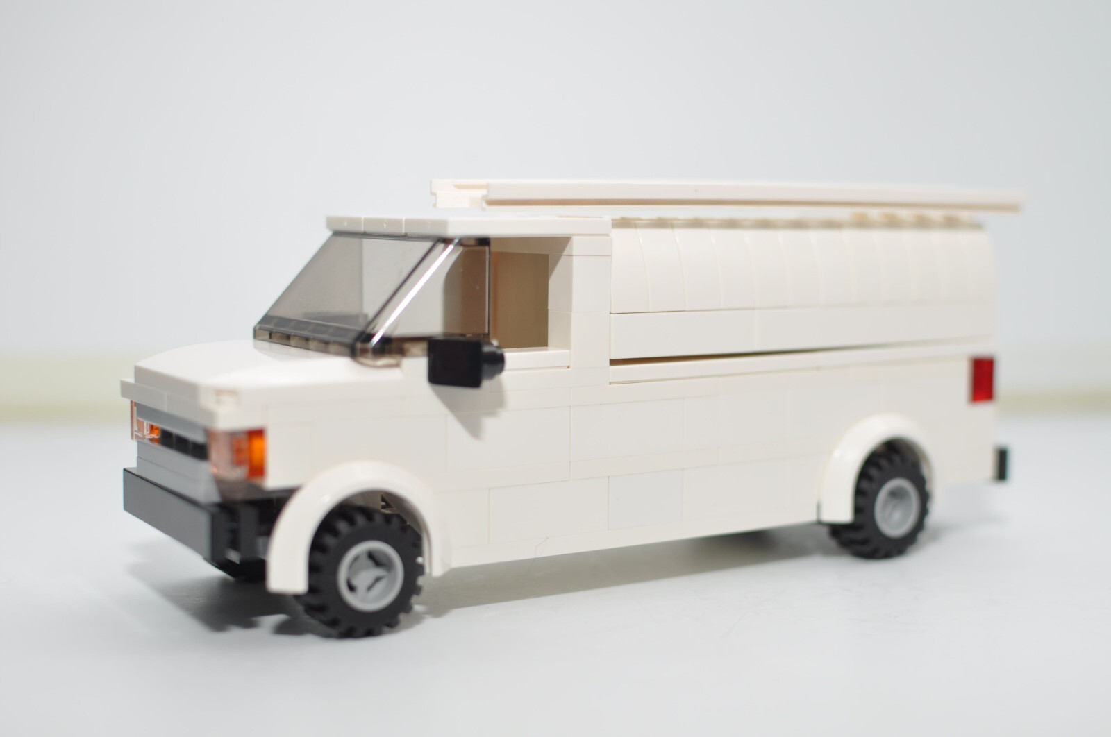 Custom White Work Van with Ladder Model Built and Compatible with LEGO® Bricks