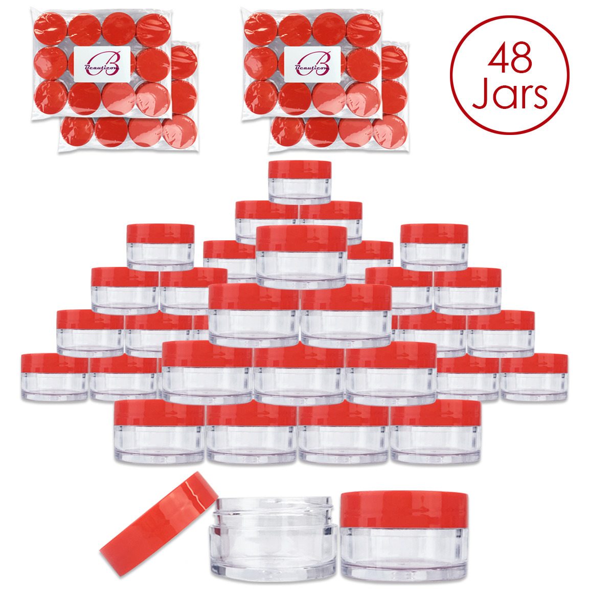 Beauticom® (48 PCS) 20G/20ML Round Clear Plastic Refill Jars with Red Lids