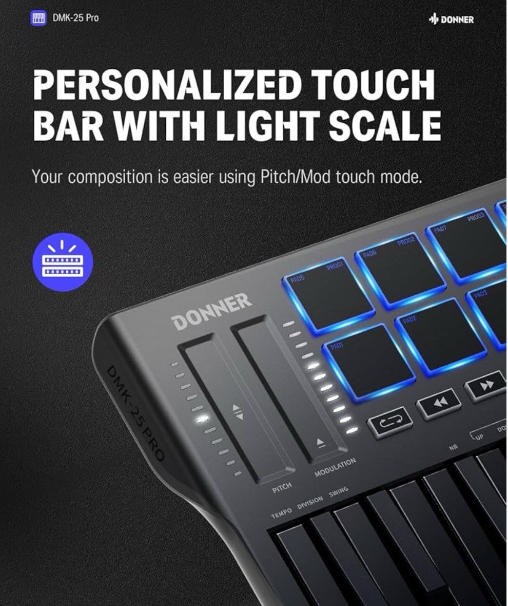 New Donner USB-C MIDI Keyboard DJ Controller OLED 25Key 8Drum Pad Touch Bar