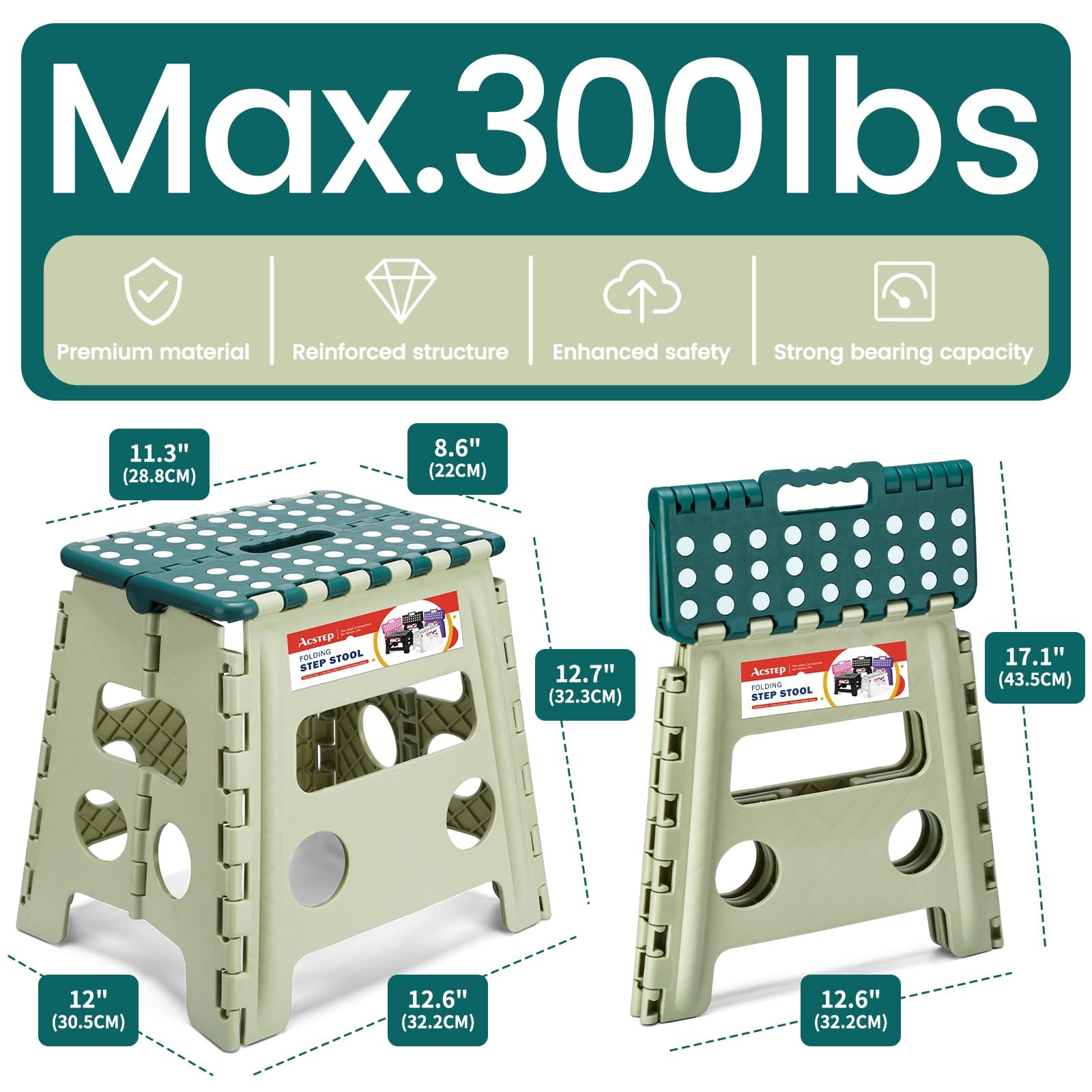 Folding Step Stool 13 Inch Green 300 LB Capacity Kitchen Fishing Kids Adult