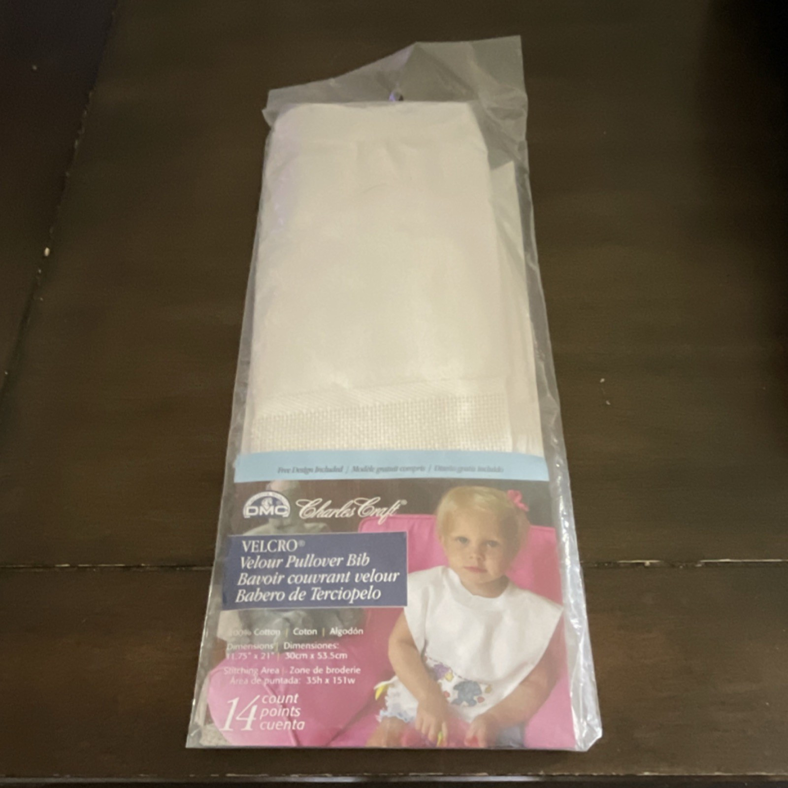 Charles Craft Velour Pullover Bib White with 14 count Aida insert