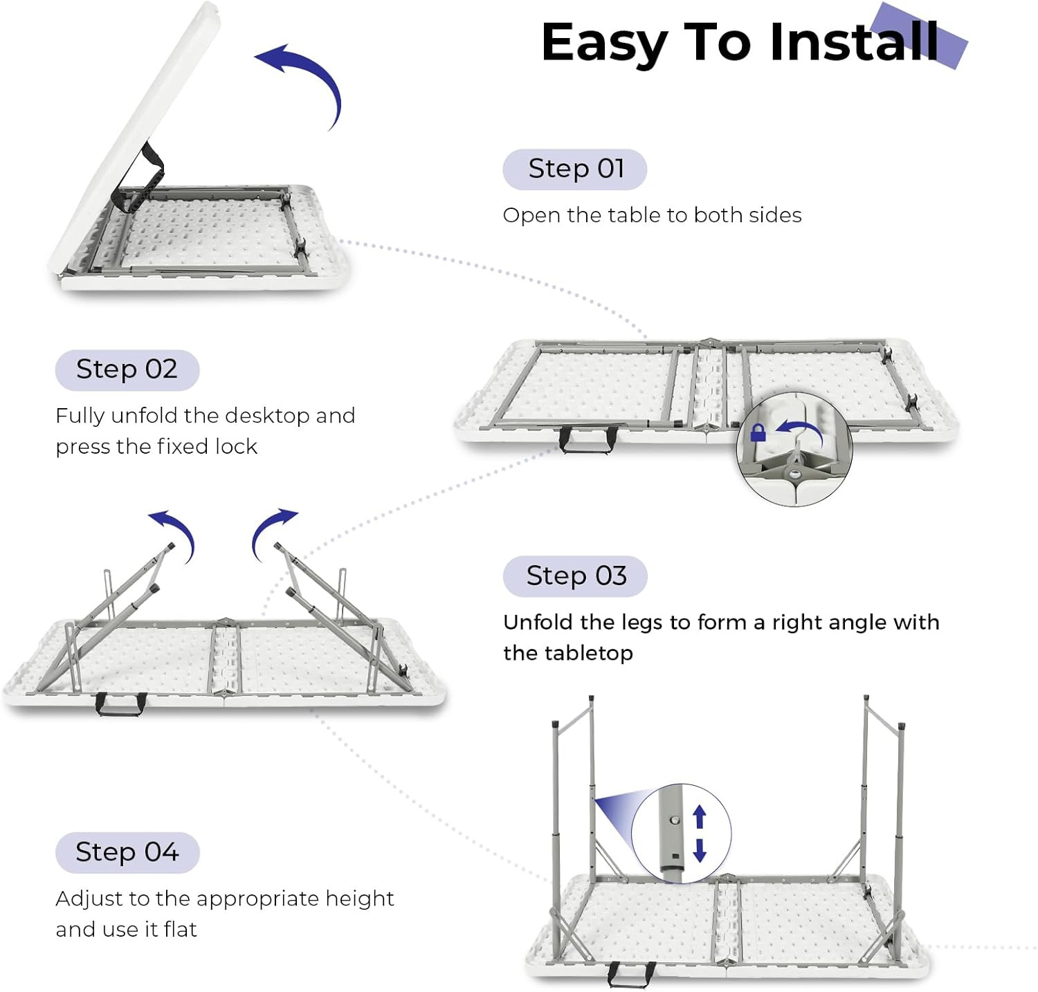 4Ft Folding Table Heavy Duty Plastic Fold in Half Adjustable Height Portable