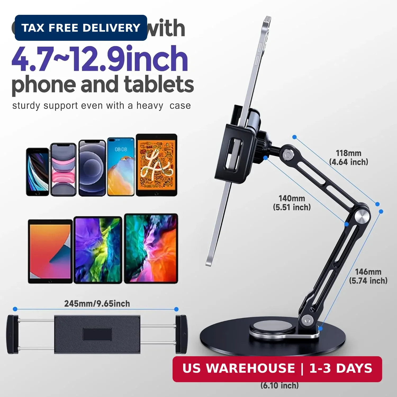 Tablet Stand Holder for iPad, Adjustable with 360 Rotating Base for Desk, Alumin