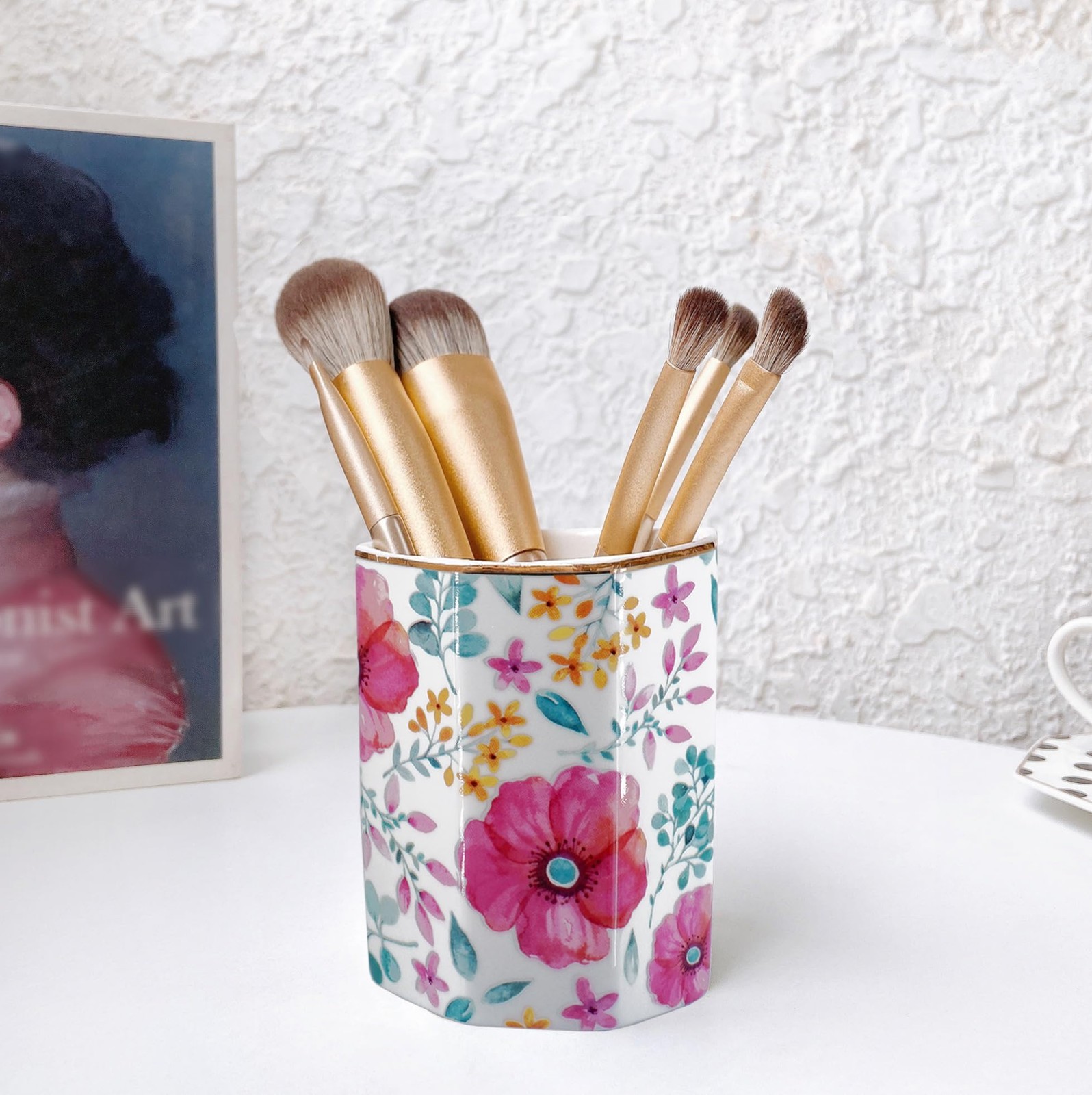 Pen Holder, Makeup Brush Holder Ceramic Shiny Gold Spring Floral Pattern Penc...