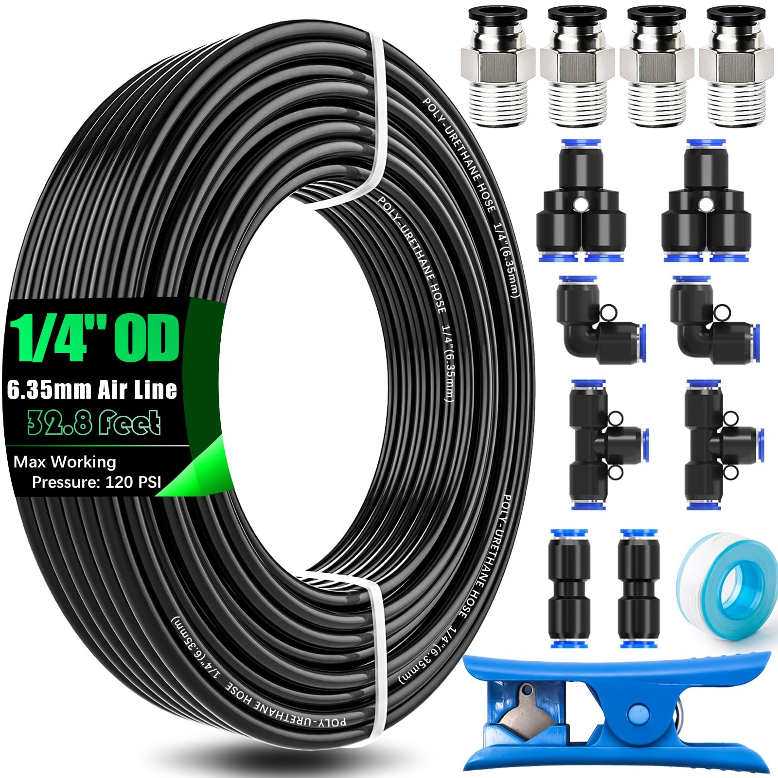 1/4" Air Line Tubing Kit,1/4" Air Hose Kit,1/4 Inch6.35mm OD x 32.8 Feet PU T...