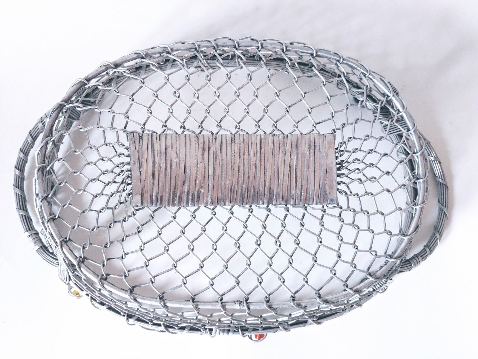 Large Wire Embellished Beaded Basket With Handles