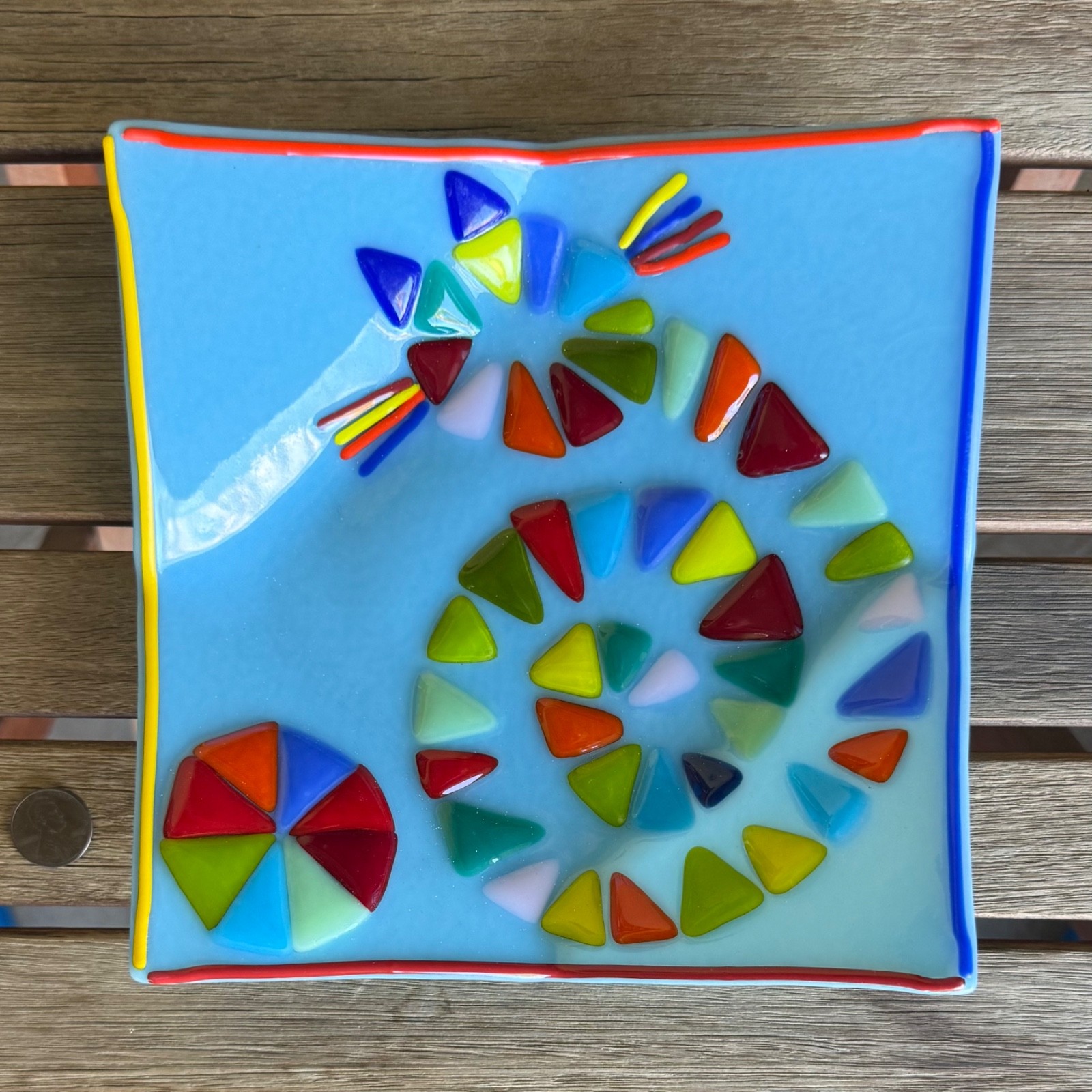 Fused glass dish with geometric cat design - 7x7x1 inches - HANDMADE
