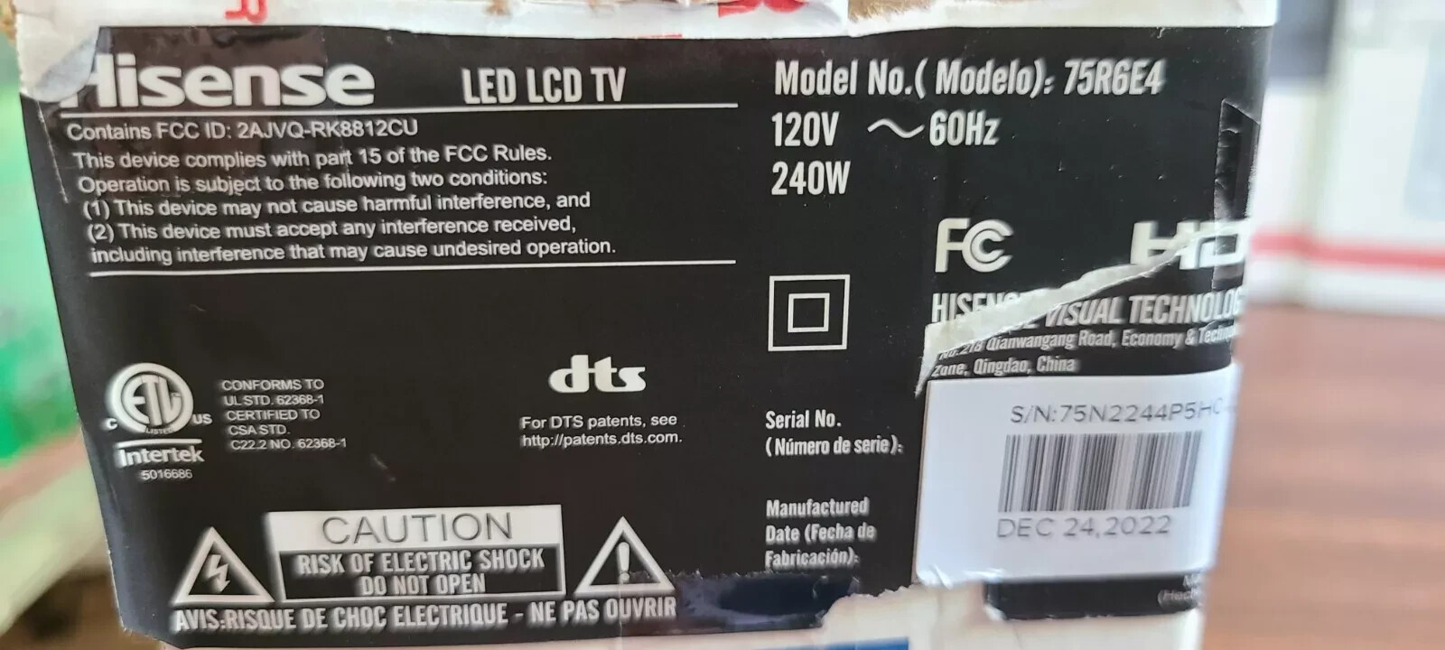 Hisense 1258418 FFC Cable for 75R6E4