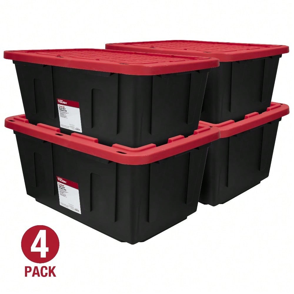 (Pack Of 4) 27 Gallon Large Storage Bin With Snap Lid, Black And Red, Heavy Duty