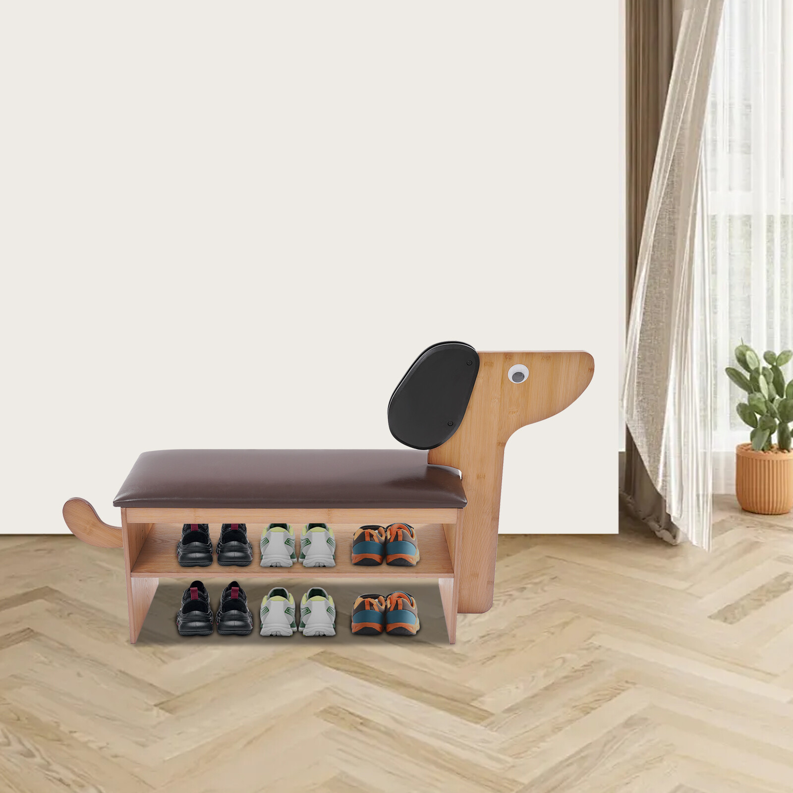 2 Tier Cute Dog Shape Shoes Rack Bench for Entryway Shoe Rack Bench w/ Cushion