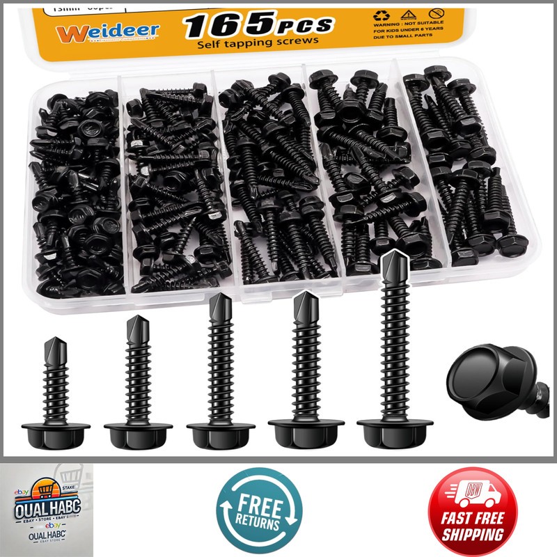 165pcs #8 #10 Self Tapping Screws Set 410 Stainless Steel Black Hex Washer Head