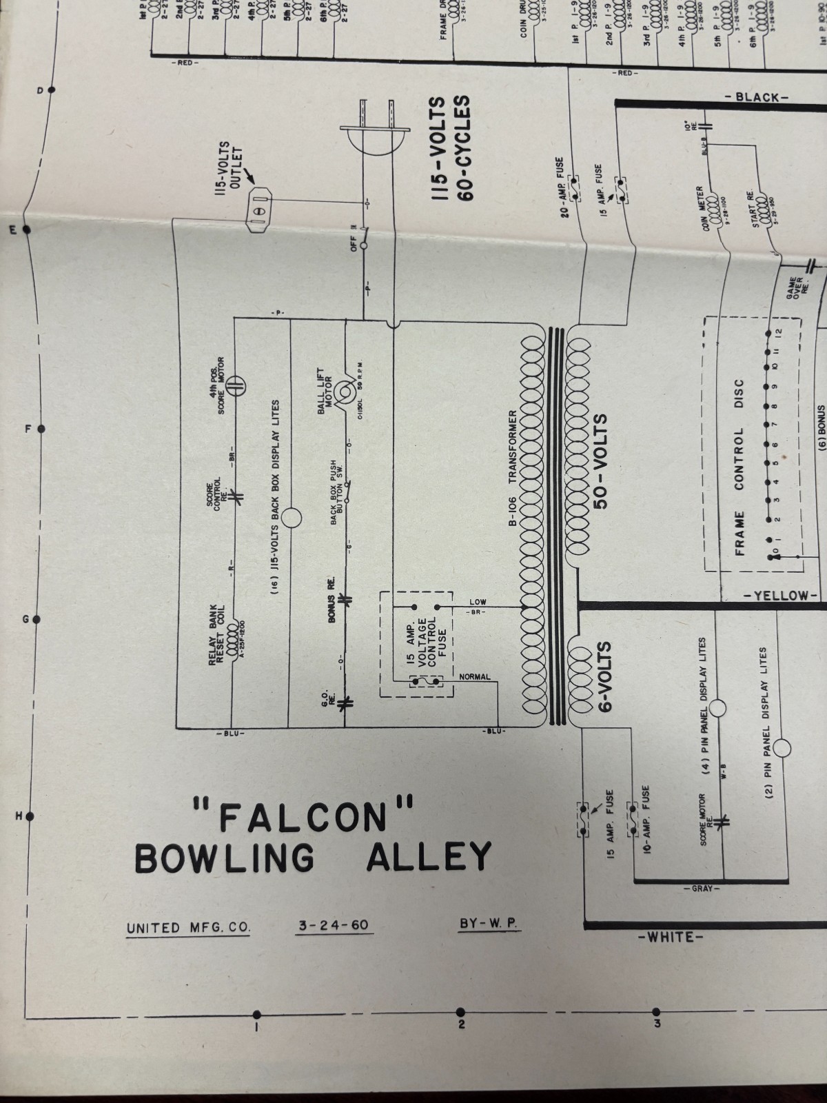 ORIGINAL-UNITED MFG-FALCON BOWLNG ALLEY-SCHEMATICS