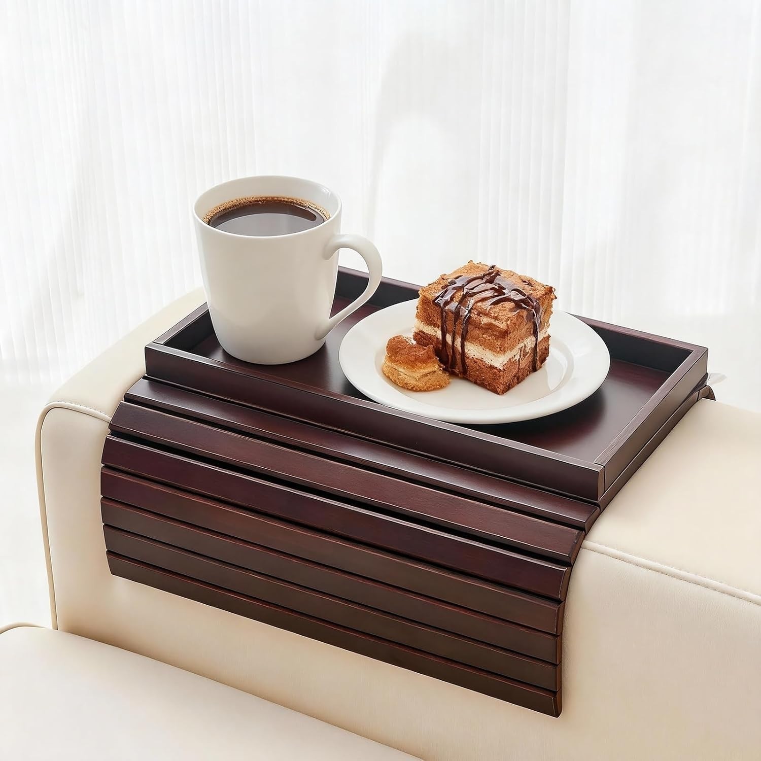 Bamboo Couch Arm Tray Table Foldable Sofa Rest W/ Non-Slip Base Portable