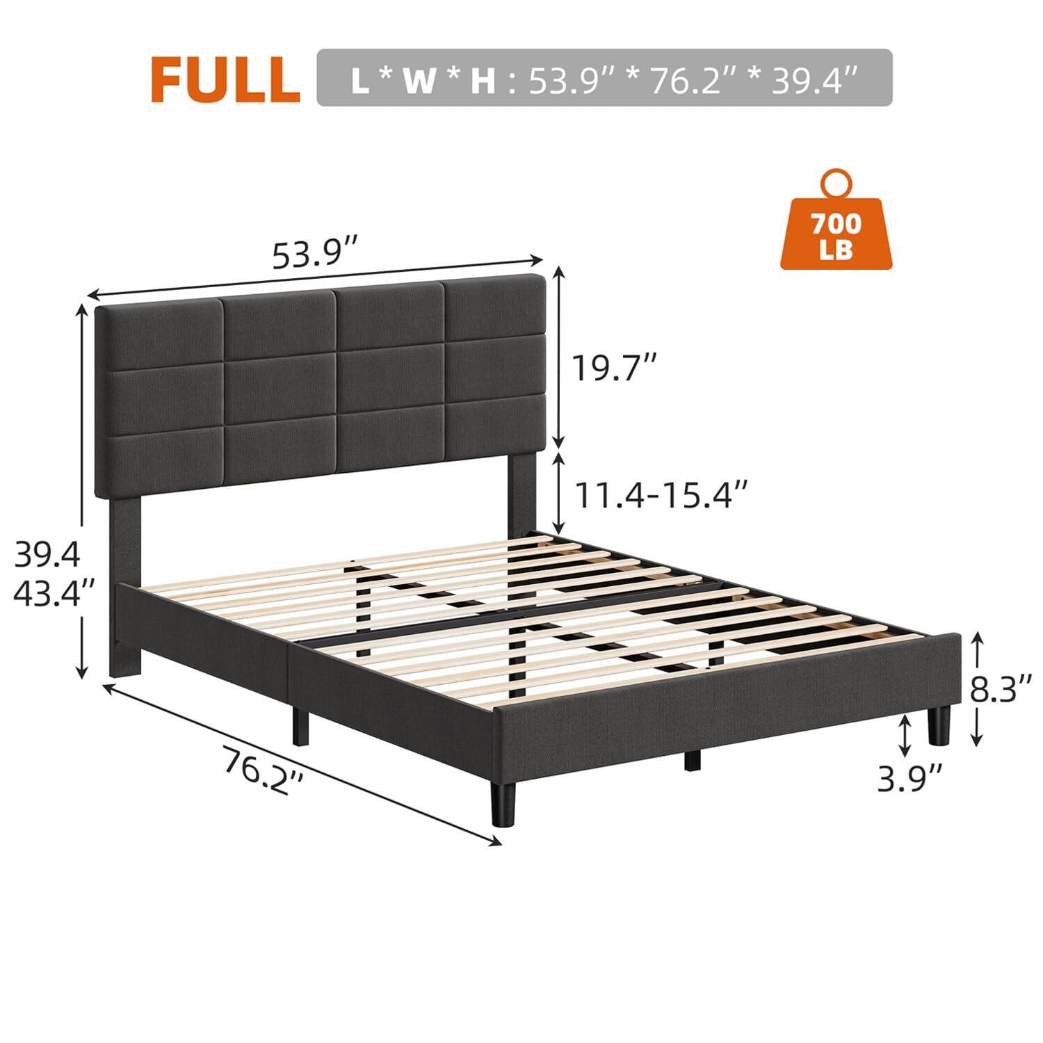 Full Size Bed Frame Headboard ,Modern Upholstered Platform Bed Frame Wood Slats