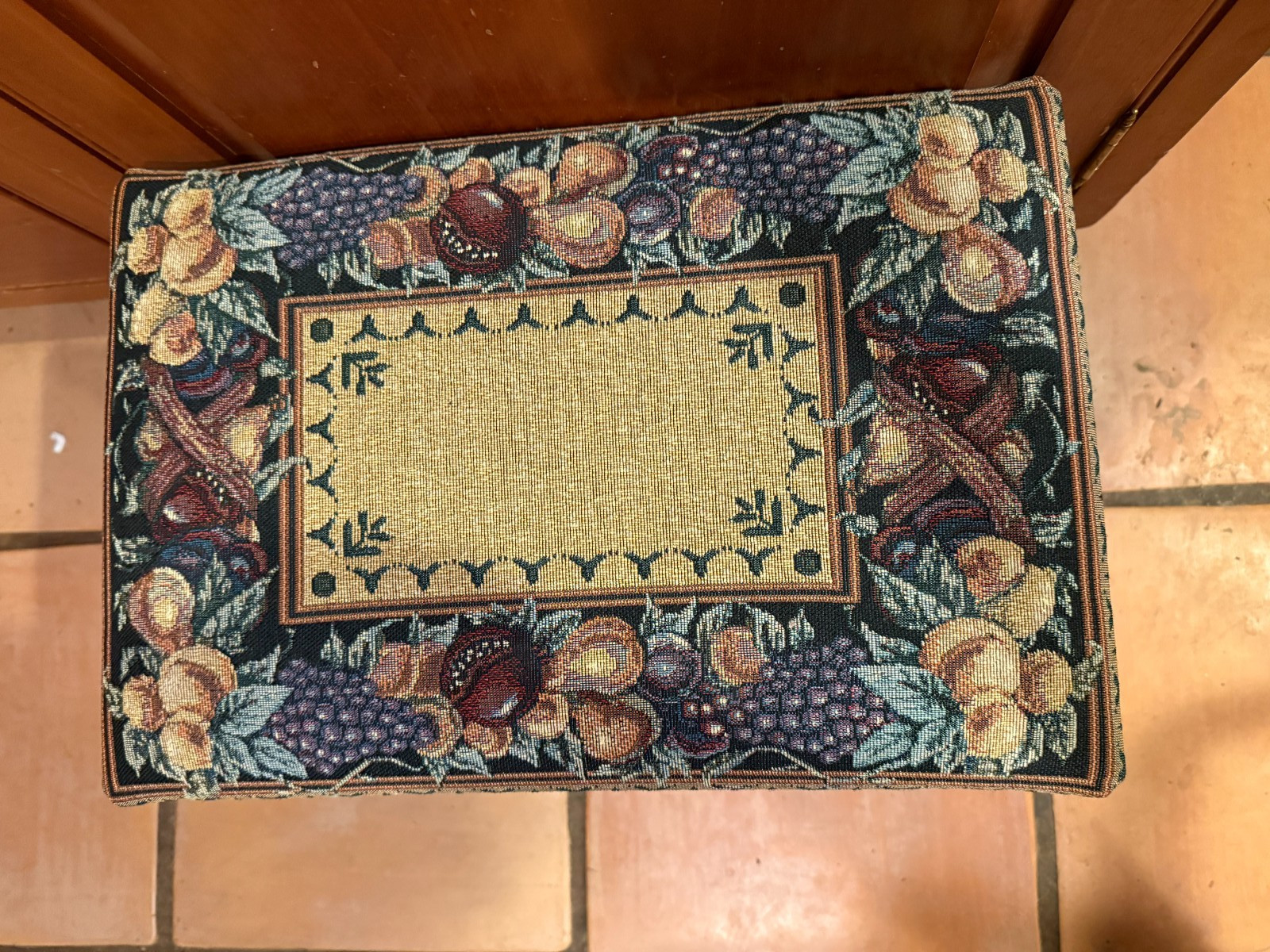 Antique Vintage Small Footstool PADDED TAPESTRY TOP 16" X 11" X 1" (12"H) FRUITS