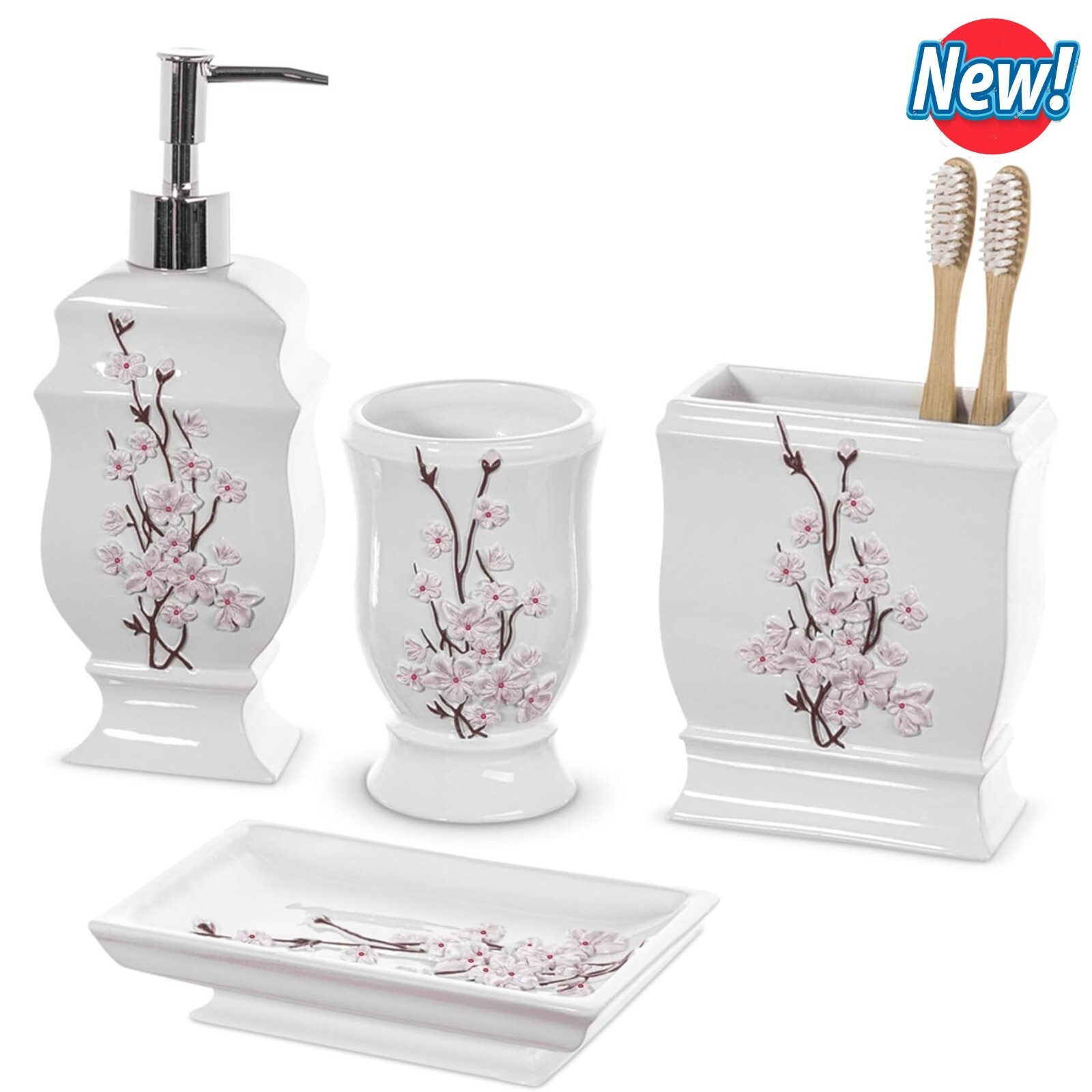 4pcs Cherry Blossom White Bathroom Accessories Set for Home Restroom Bath Decor
