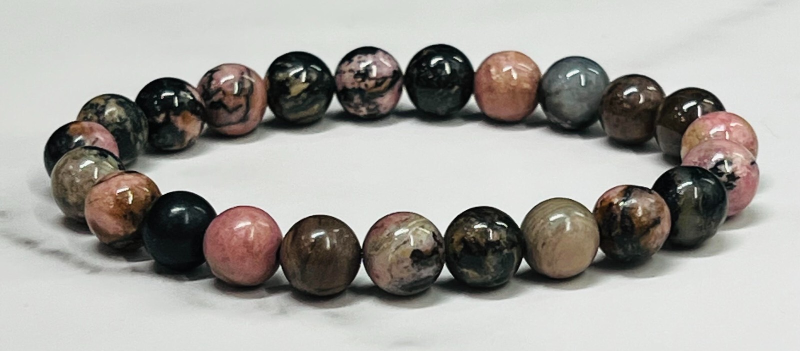 Pink and Black Rhodonite Gemstone Beaded Bracelet, Women's or Men's Bead Jewelry