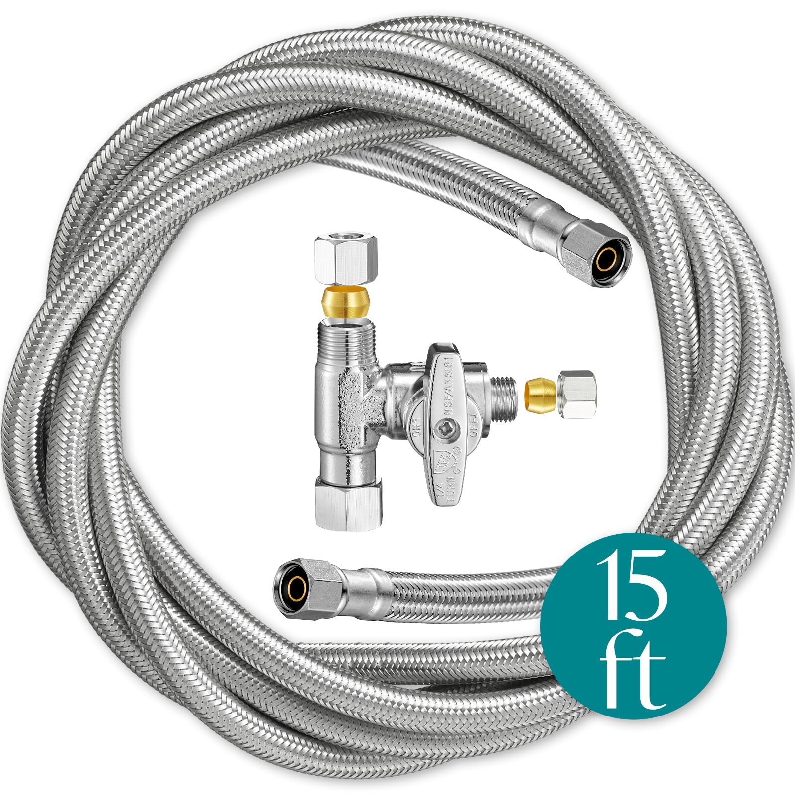 Refrigerator Ice Maker Water Line Kit - 15' Braided Stainless Steel 15 Feet