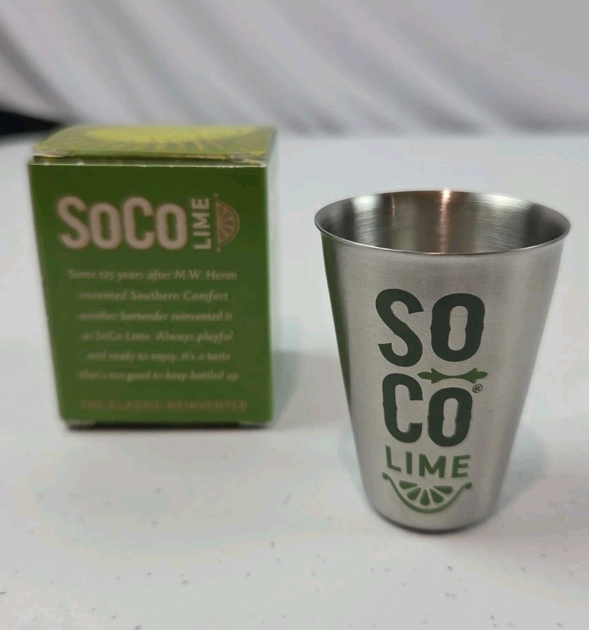 So Co Lime Stainless Steel Shot Glass Metal Barware 2011, W/Box  2"