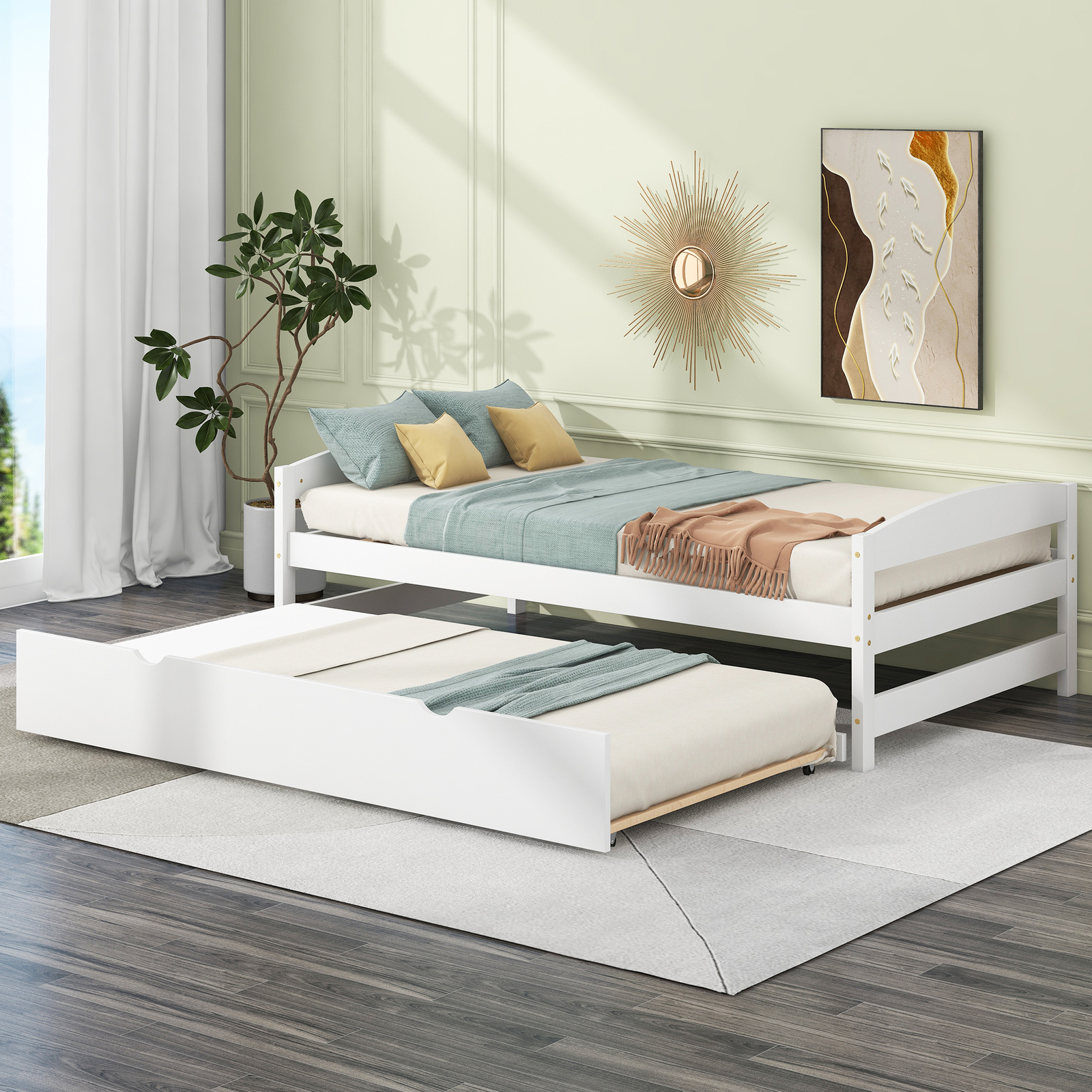 Twin Size Platform Bed Frame with Twin Size Trundle White Bedroom Furniture