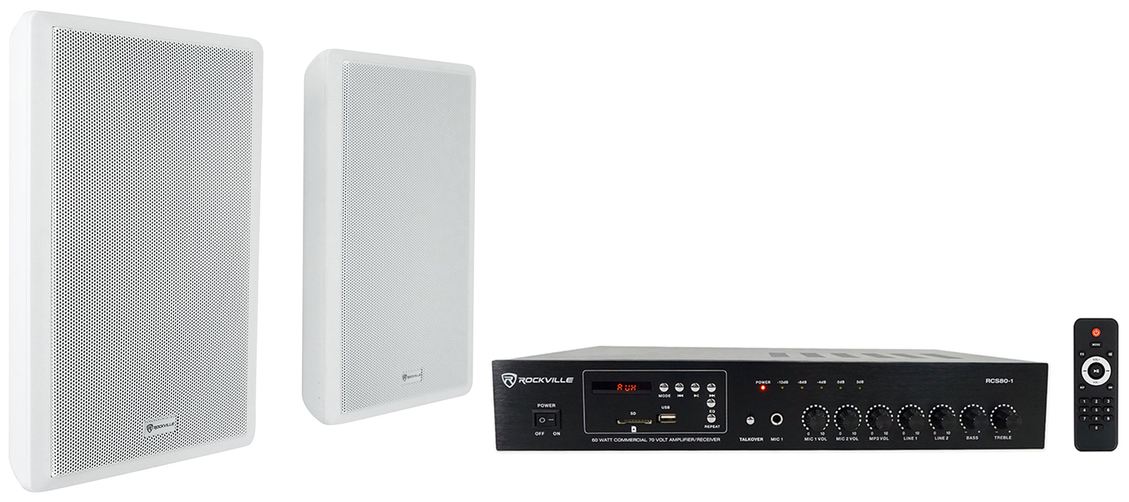 Rockville Commercial 70v Amplifier+Slim White Restaurant/Bar/Cafe Wall Speakers