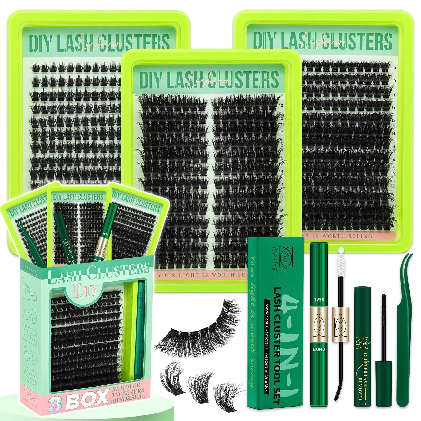 LASHSUN Lash Clusters Kit 640pcs Volume Eyelashes Extension Kit, Soft black