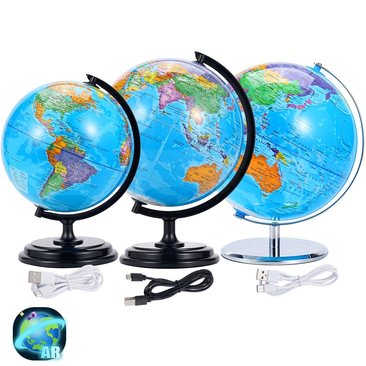 3D AR Large World Globe Metal Stand Rotating World Map Illuminated Night Lamp
