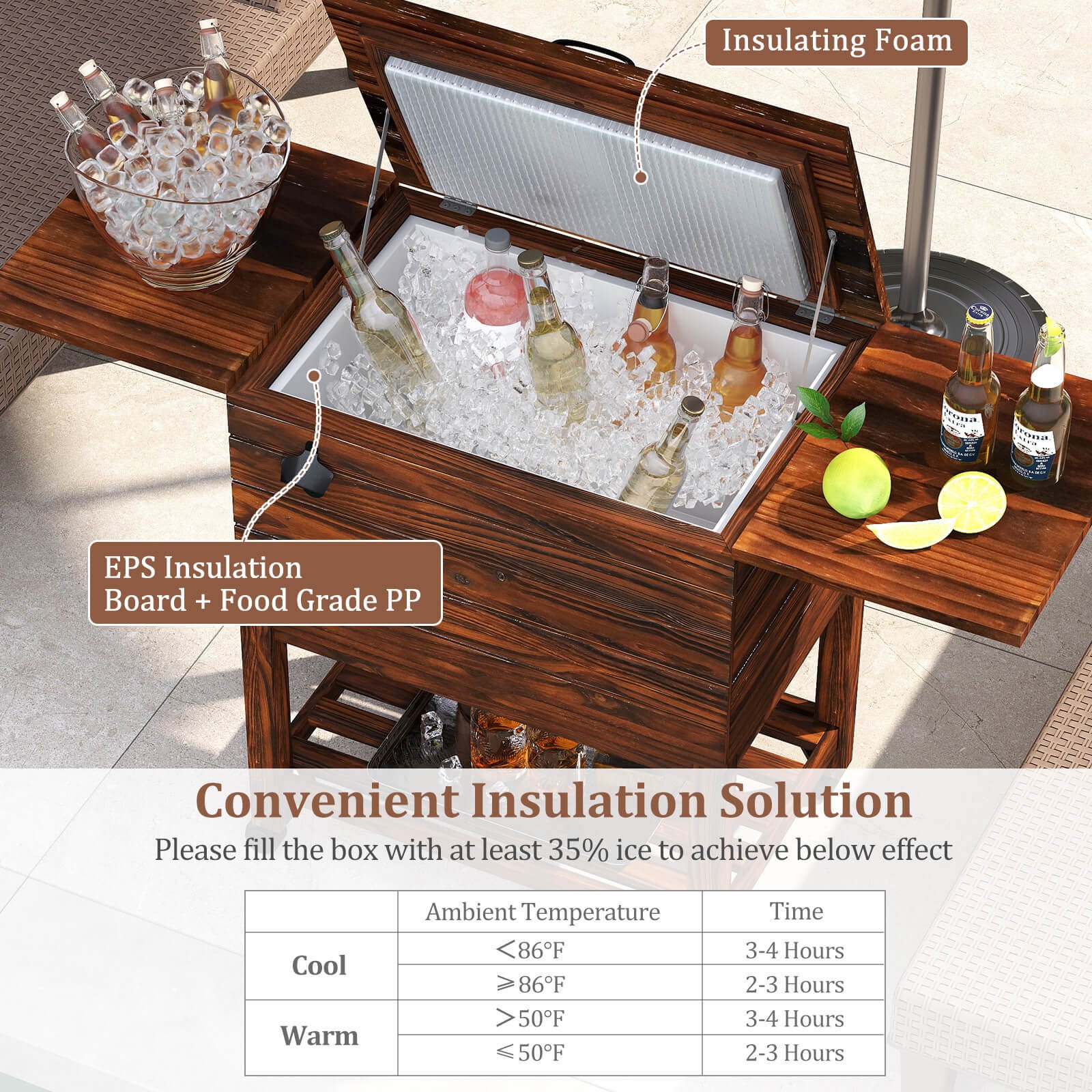 54 Quart Rolling Wooden Patio Cooler Cart with 2 Drop Leaf Tables Bottle Opener