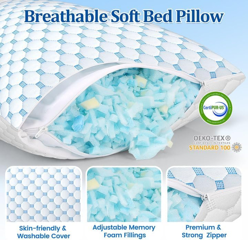 Shredded Memory Foam Pillow for Sleeping - Adjustable Cooling Pillow with Breath