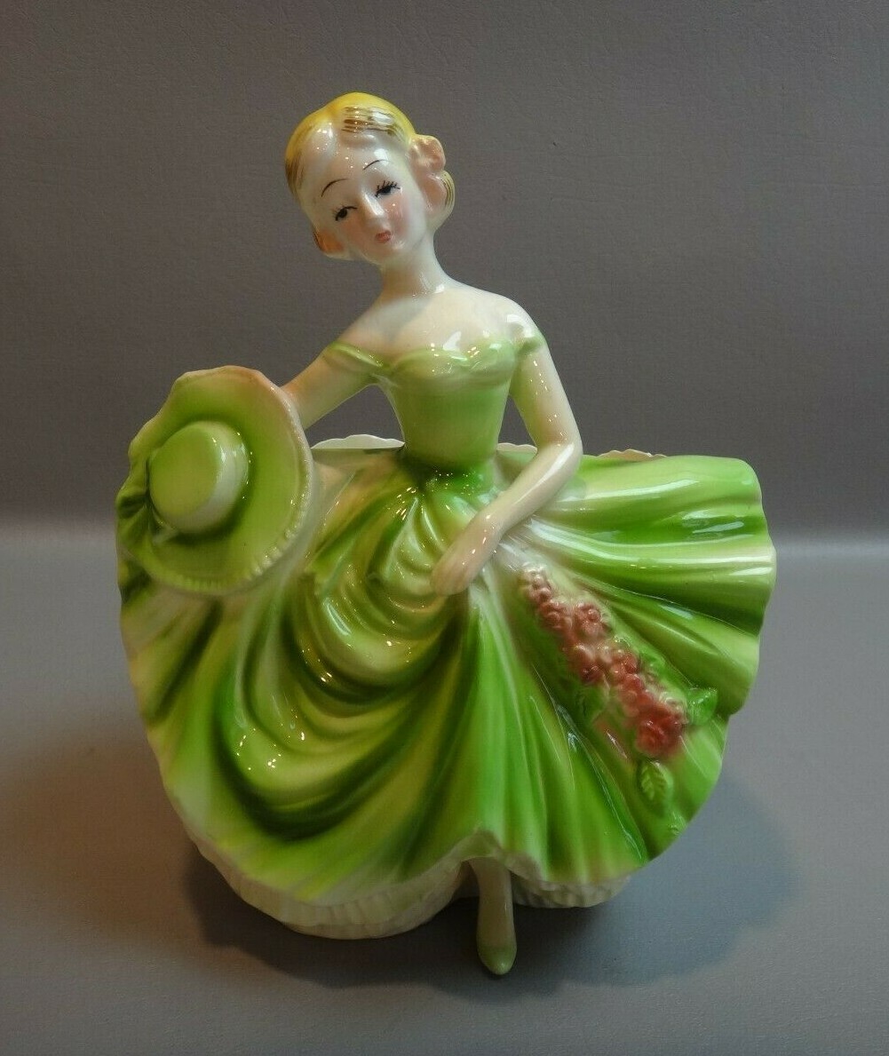 VINTAGE RUBENS "COLONIAL LADY" PLANTER ~ GREEN FLORAL DRESS ~