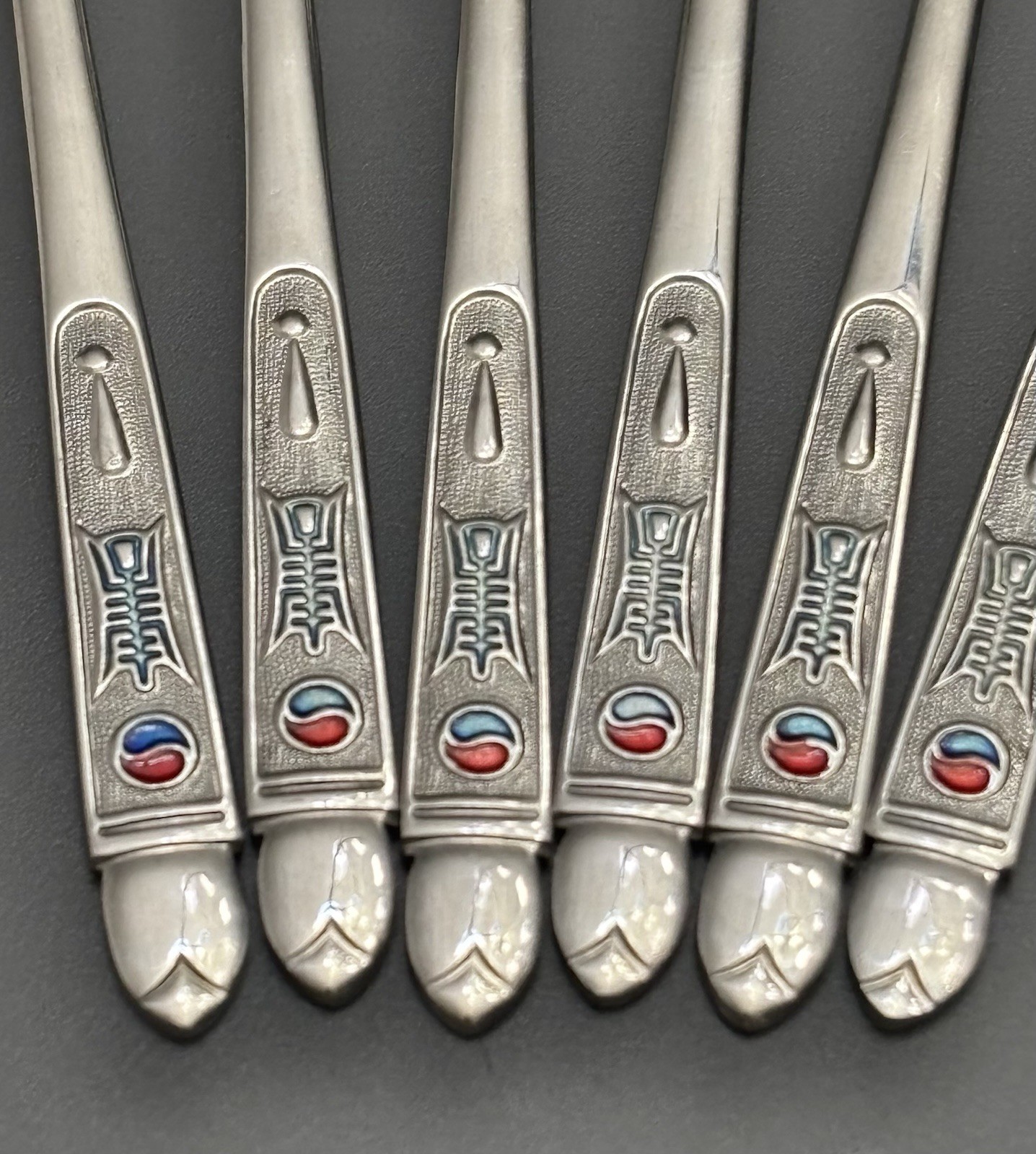 6 Vintage Cocktail Forks 5.25” Stainless Steel enamel taegeuk (yin-yang) symbol