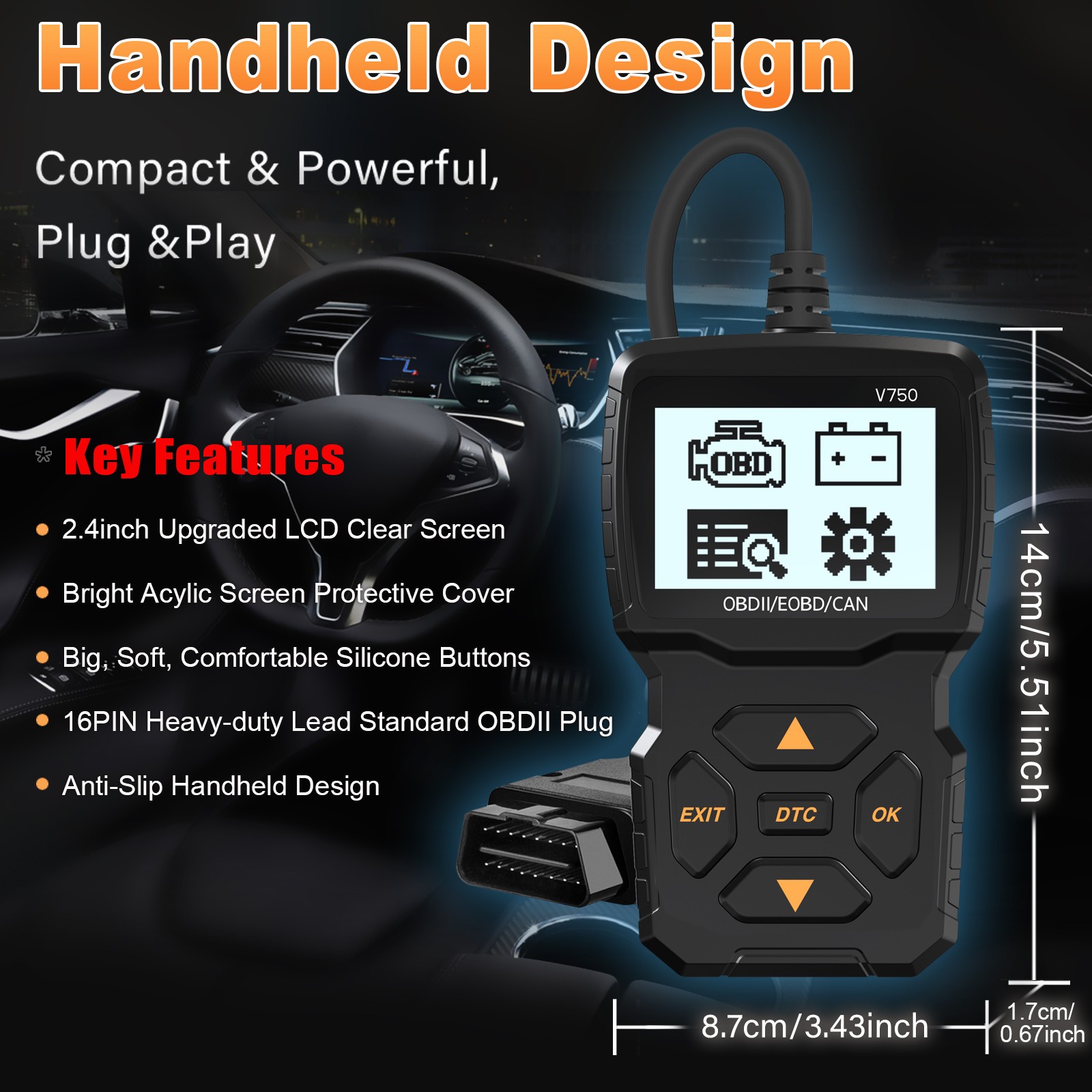 iKiKin V750 OBD2 Code Reader OBD Scanner Engine Diagnostic Tool for 12V Car