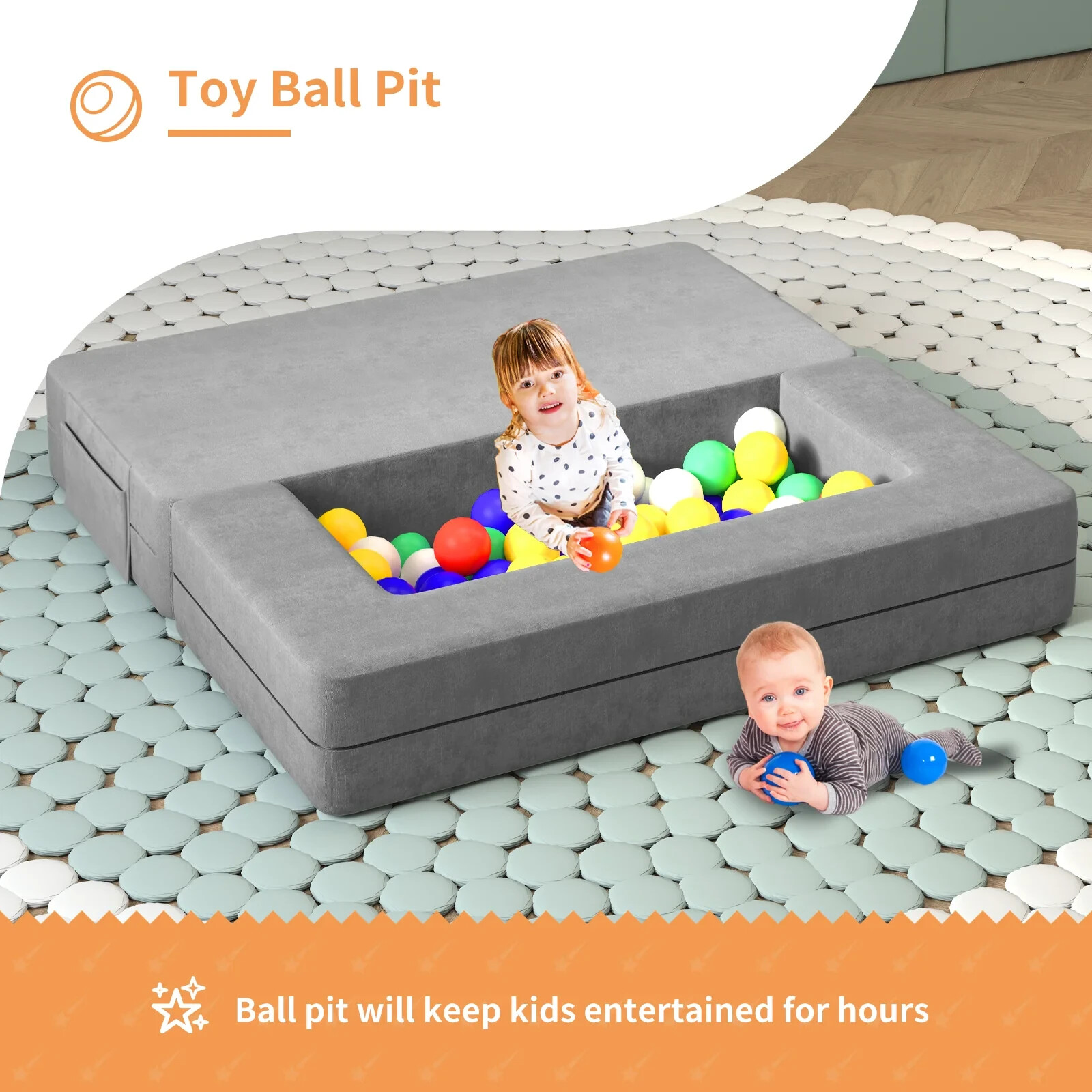 Kid Couch Lounge 40x40x7"Sofa Bed Washable and Durable Cover Gray Covertible