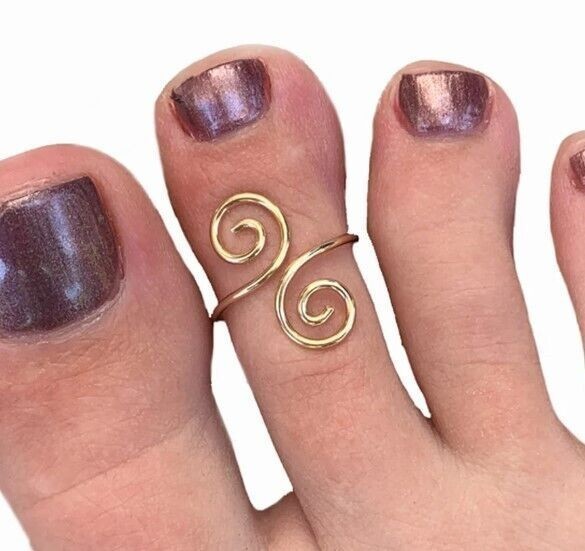 Daily Use Solid Metal Womens Double Swirl Toe Ring 14k Yellow Gold Plated Silver
