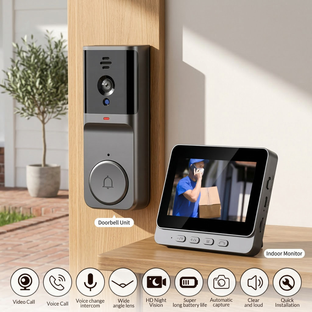 2.4G Smart 4.3" IPS Screen Intercom Video Doorbell Camera Monitor Home Wireless