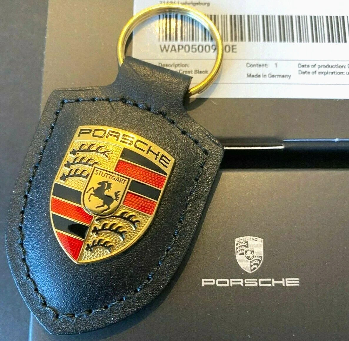 Porsche Gold Crest Keychain Black Leather Key Ring Premium Car Accessory