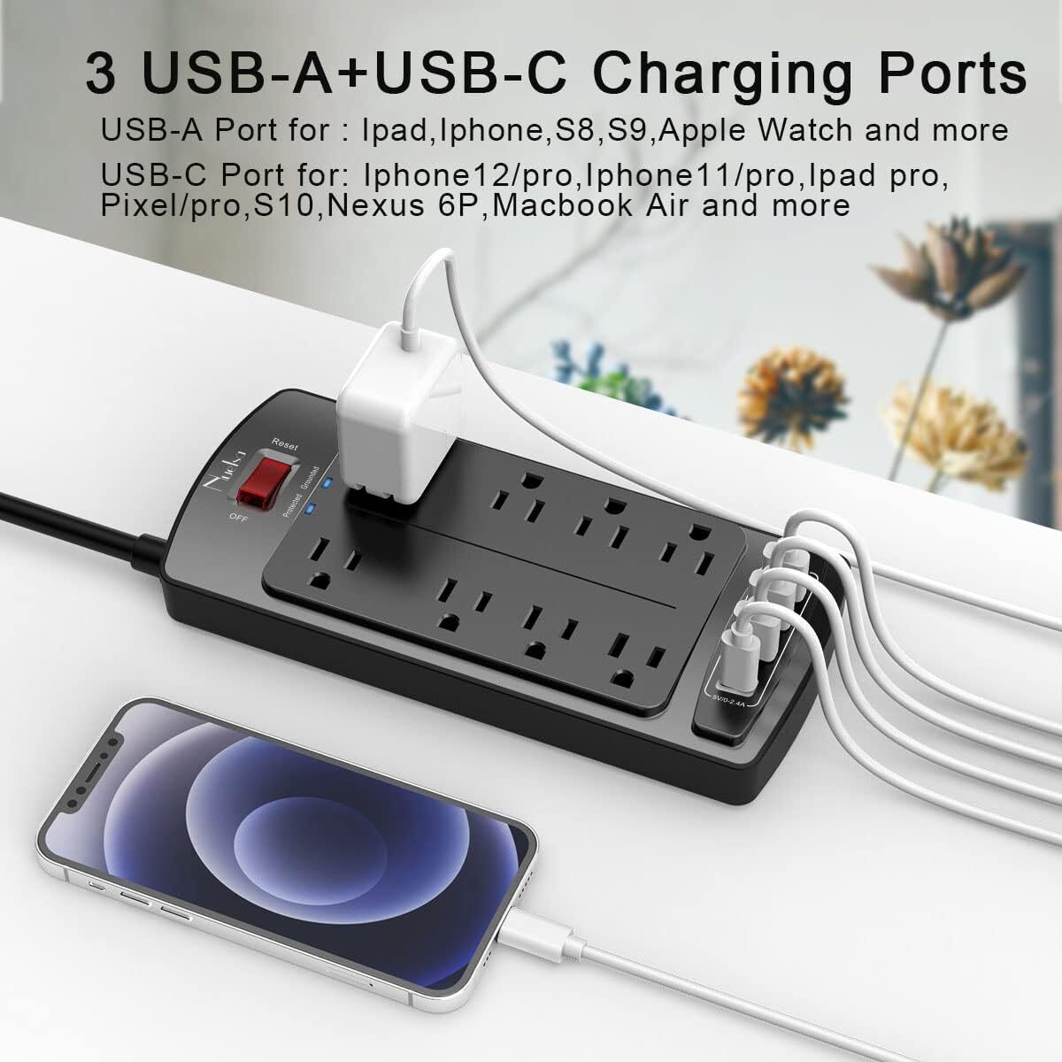 Surge Protector Power Strip - Nuetsa Flat Plug Extension Cord with 8 Outlets and
