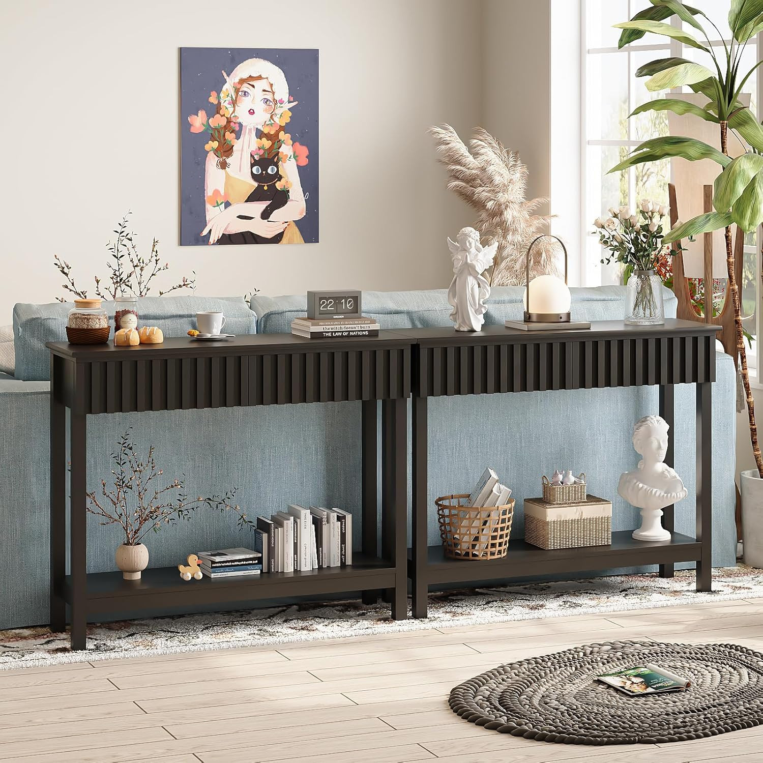 Fluted Console Table with 2 Drawers Narrow Sofa Table with Open Storage Shelf Mo