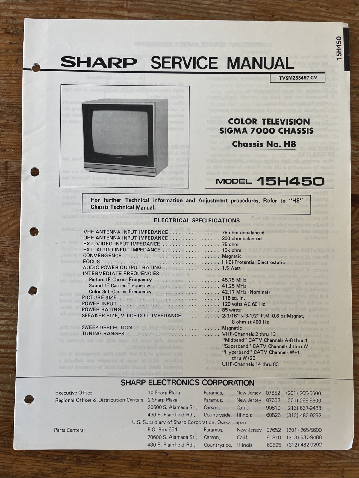 Sharp Service Manual 15H450 Television TV Sigma 7000 H8 Chassis Repair Book