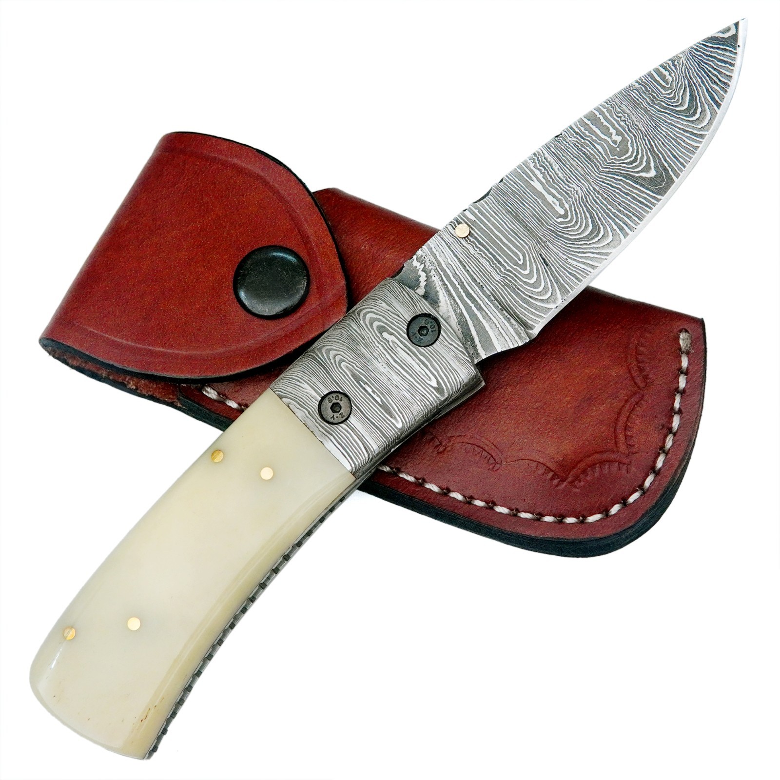 7.5" CUSTOM HANDMADE DAMASCUS CAMEL BONEHANDLE FOLDING KNIFE WITH SHEATH S16